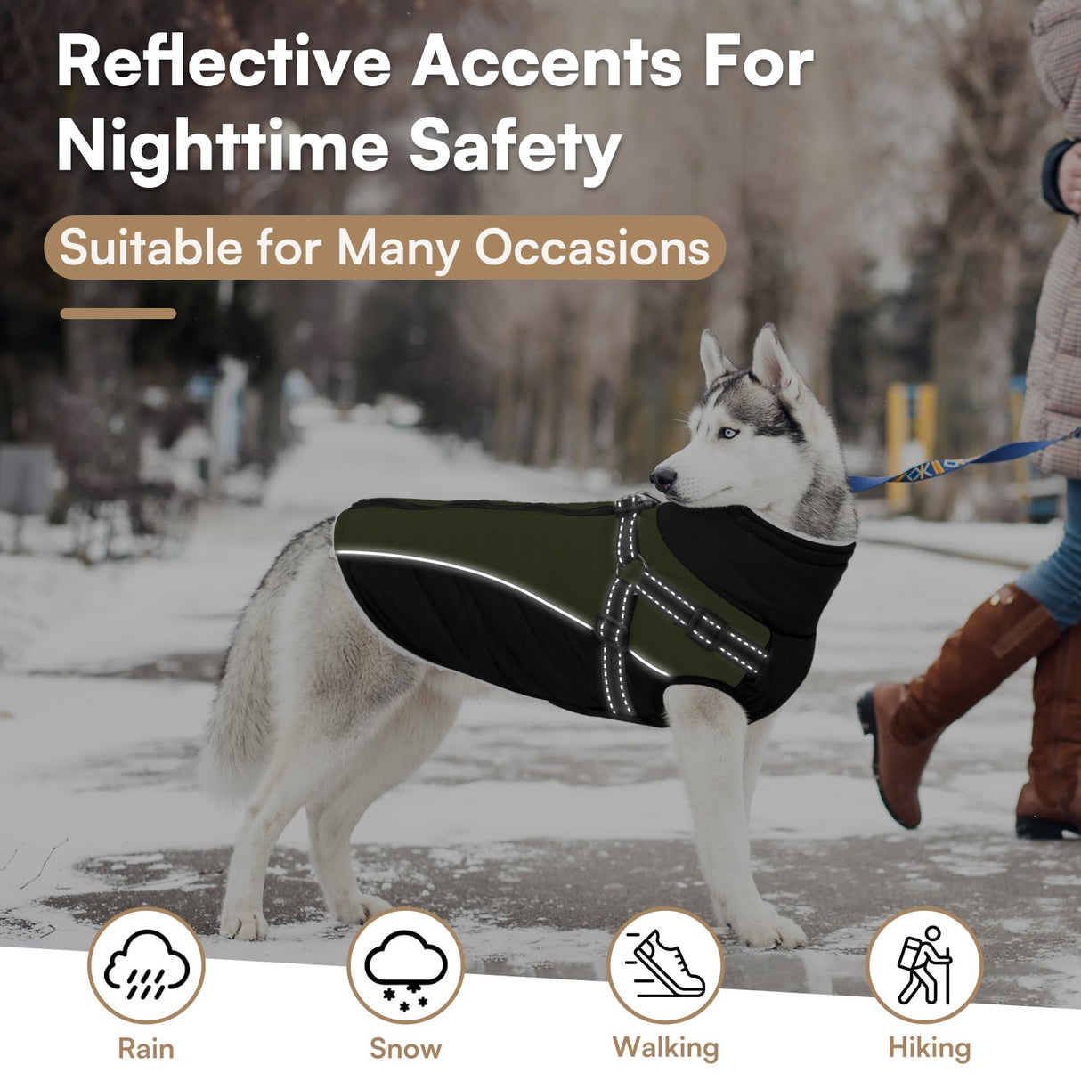 Queenmore Medium Dog Jacket with Harness Built-in, Winter Coat for Medium Dogs, Warm Puffer Jacket, Cold Weather Snowsuit Parka - Waterproof Fleece Lined Reflective Adjustable, Green/Black M
