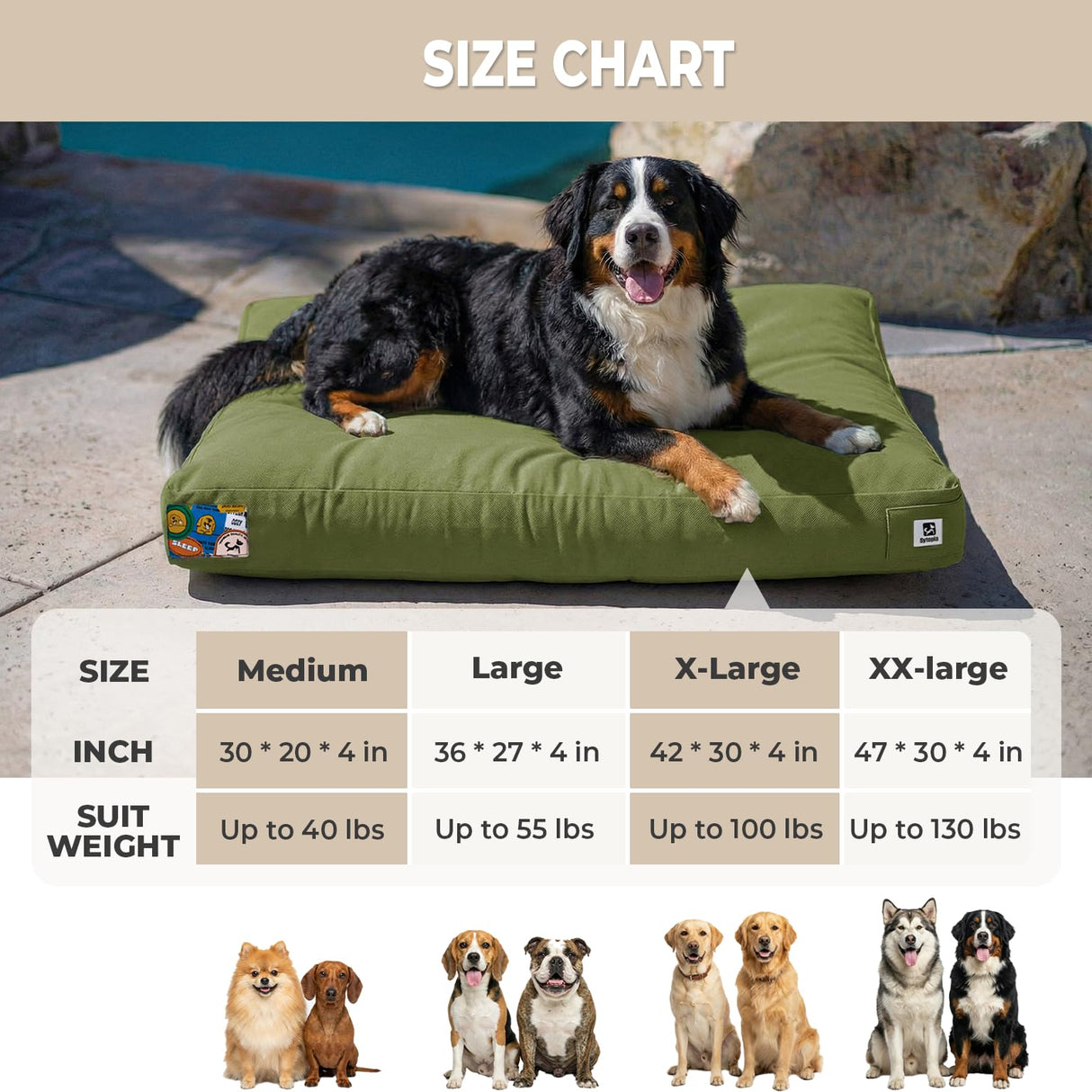 Sytopia Indestructible Waterproof Canvas Outdoor Dog Bed, 42 Inch Chew Proof Pet Bed for Extra Large Dogs, Washable Removable Cover, Indoor Outdoor Patio Pad, Green