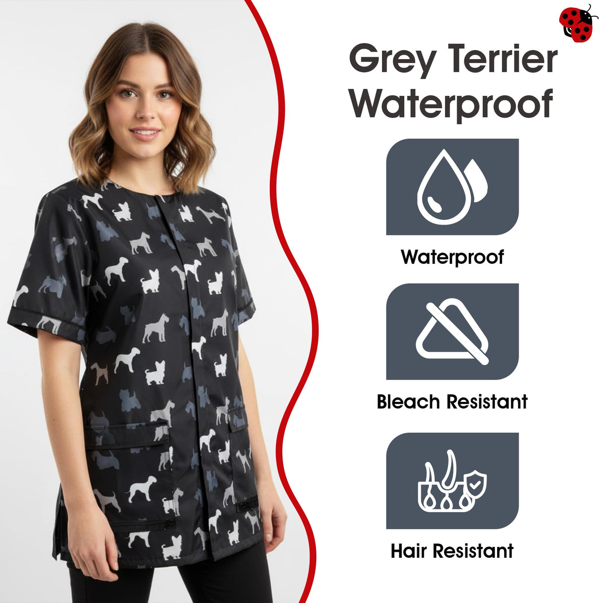 Ladybird Line 709 Grey Terrier Waterproof Unisex Dog Grooming Smock with Pockets, Hair Bleach Resistant, Covered Zipper Panel, Mesh Back, Adjustable Back Tie Belt, Pet Grooming and Vet Clinics - 5XL