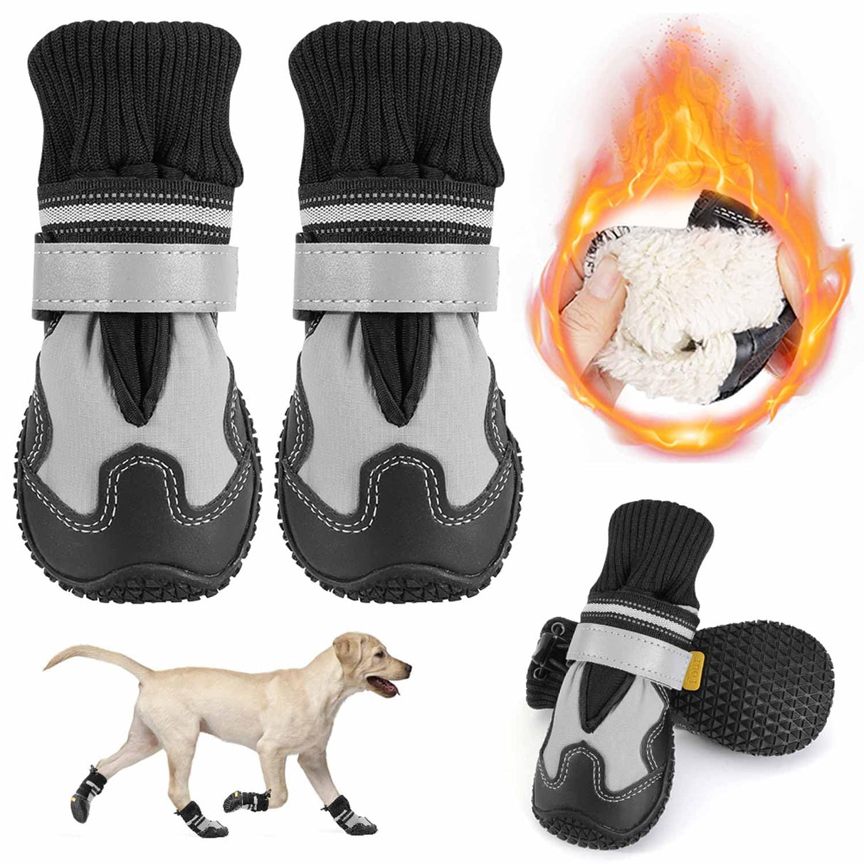 Lukovee Dog Shoes - Waterproof Warm Fleece Lined Dog Booties for Small Medium Large Dogs, Non-Slip Adjustable Dog Boot for Winter Cold Weather (GY,Size 8)