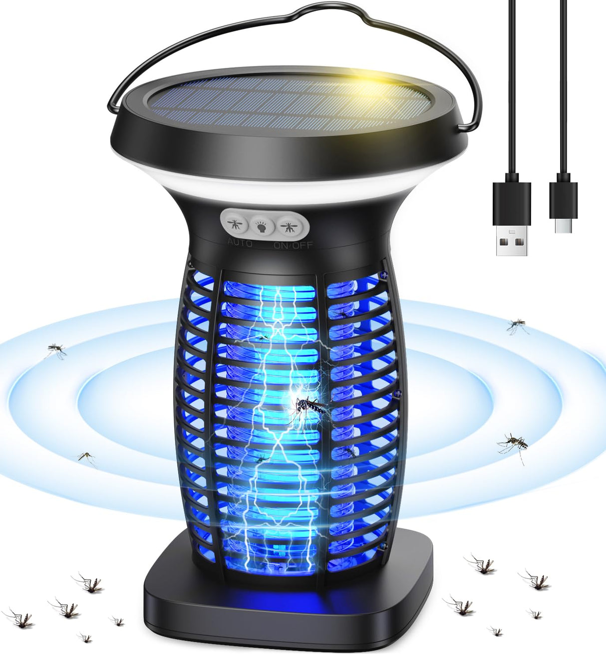 Jinyeda Solar Bug Zapper, 3500V Mosquito Zapper for Outdoor Indoor, USB Rechargeable Night Bug Lights Fly Zapper, IP66 Waterproof Electric Mosquito Killer Lamp for Home, Backyard, Patio, Camping