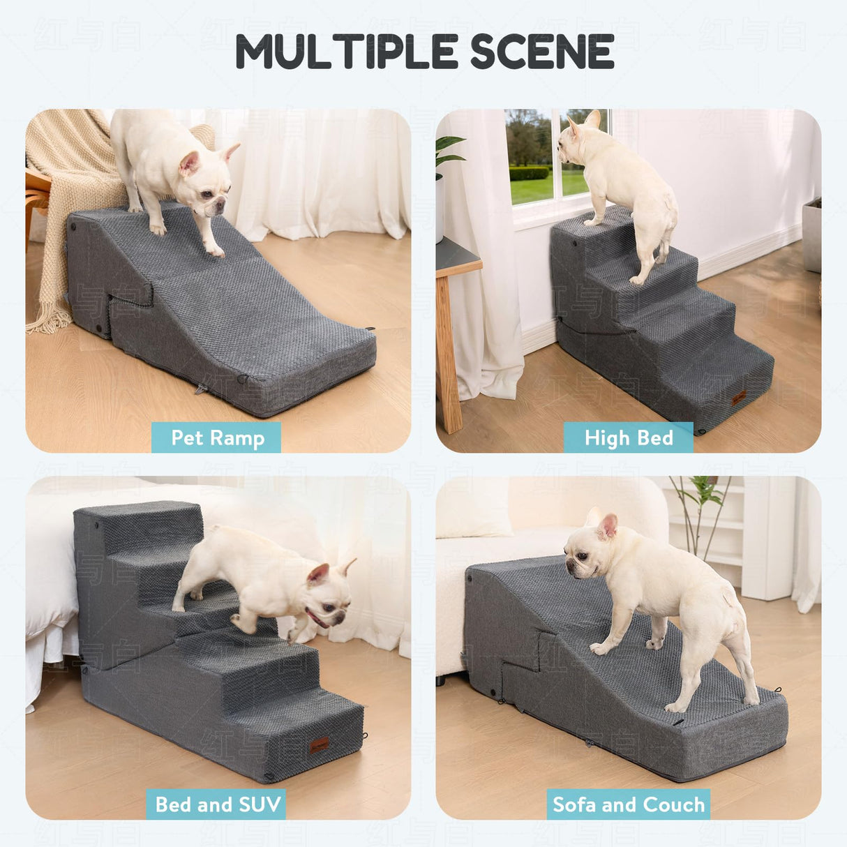SIEMOUR 4-Step Dog Stair and Ramp for Small Dogs and Cats, Pet Steps for Bed with Non-Slip Bottom, Grey