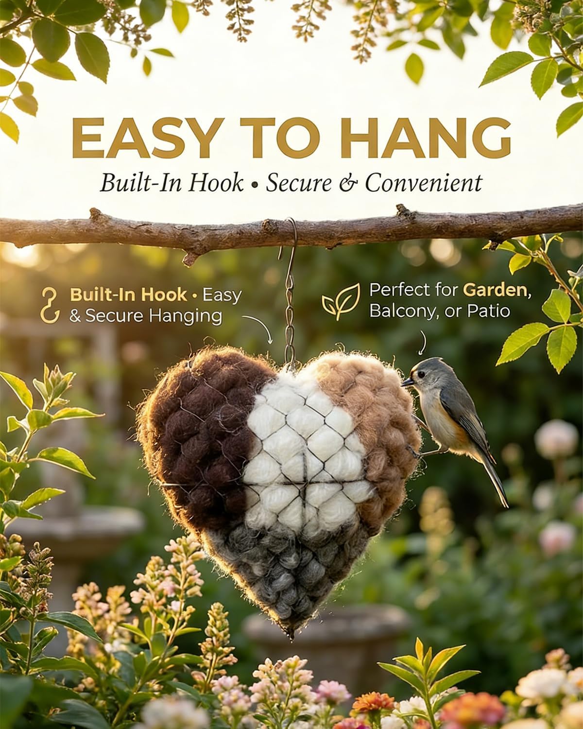 gbdyhup Handmade Alpaca Fiber Bird Nesting Heart, Outside Winter Tree Shelter for Wild Bird, Birds Nests Material Holder for Garden Art Birdhouse, Hummingbird Houses Nest Boxes for Birds Lovers (1PC)