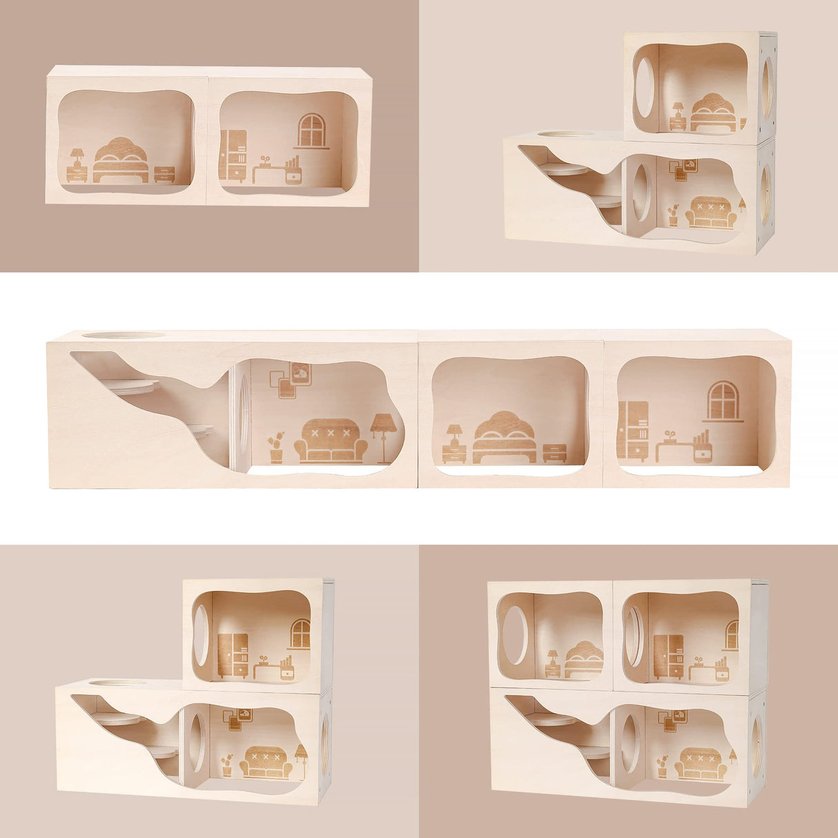 Tafit Hamster Hideout Wooden House Chamber Small Animals Pets Tunnel Exploring Toys Secret Peep Shed for Dwarf Hamsters, Syrian Hamsters, Gerbils, Hedgehogs, Rats, Mice (Living Room)