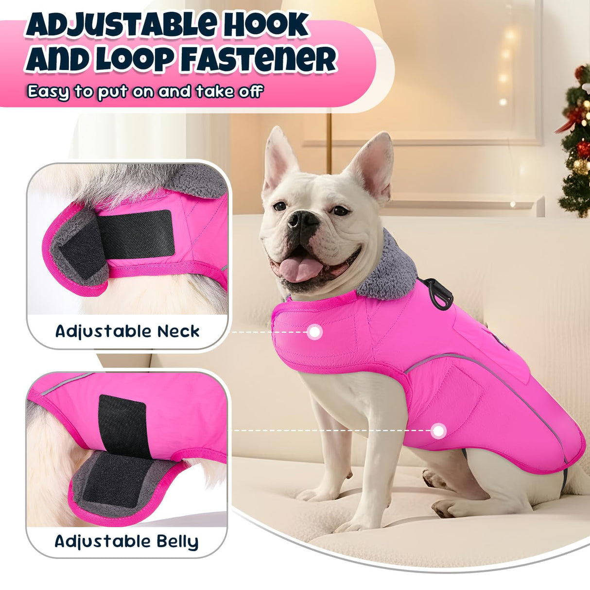 SlowTon Dog Winter Coat - Waterproof Fleece-Lined Dog Snow Jacket, Windproof Cold Weather Clothes with Reflective Stripes, Leash D-Ring & Storage Pocket for Medium Large Dogs (Pink, L)