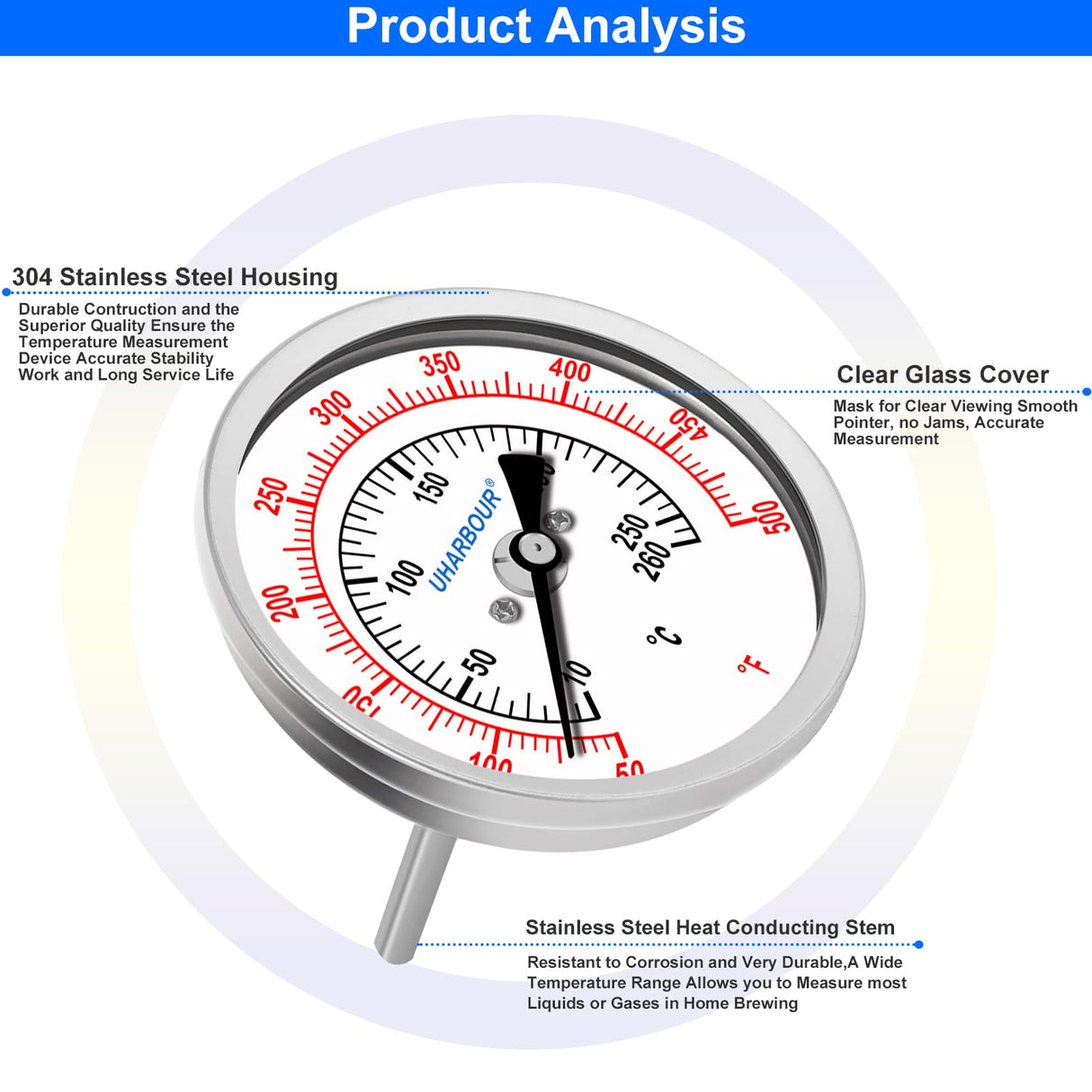 UHARBOUR 3" Dial Oil Thermometer for Frying, Fully StainlessSteel Deep Fry Thermometer, 2-1/2" Stainless Steel Stem, 50 to 500°F, 1/2" NPT Back Mount