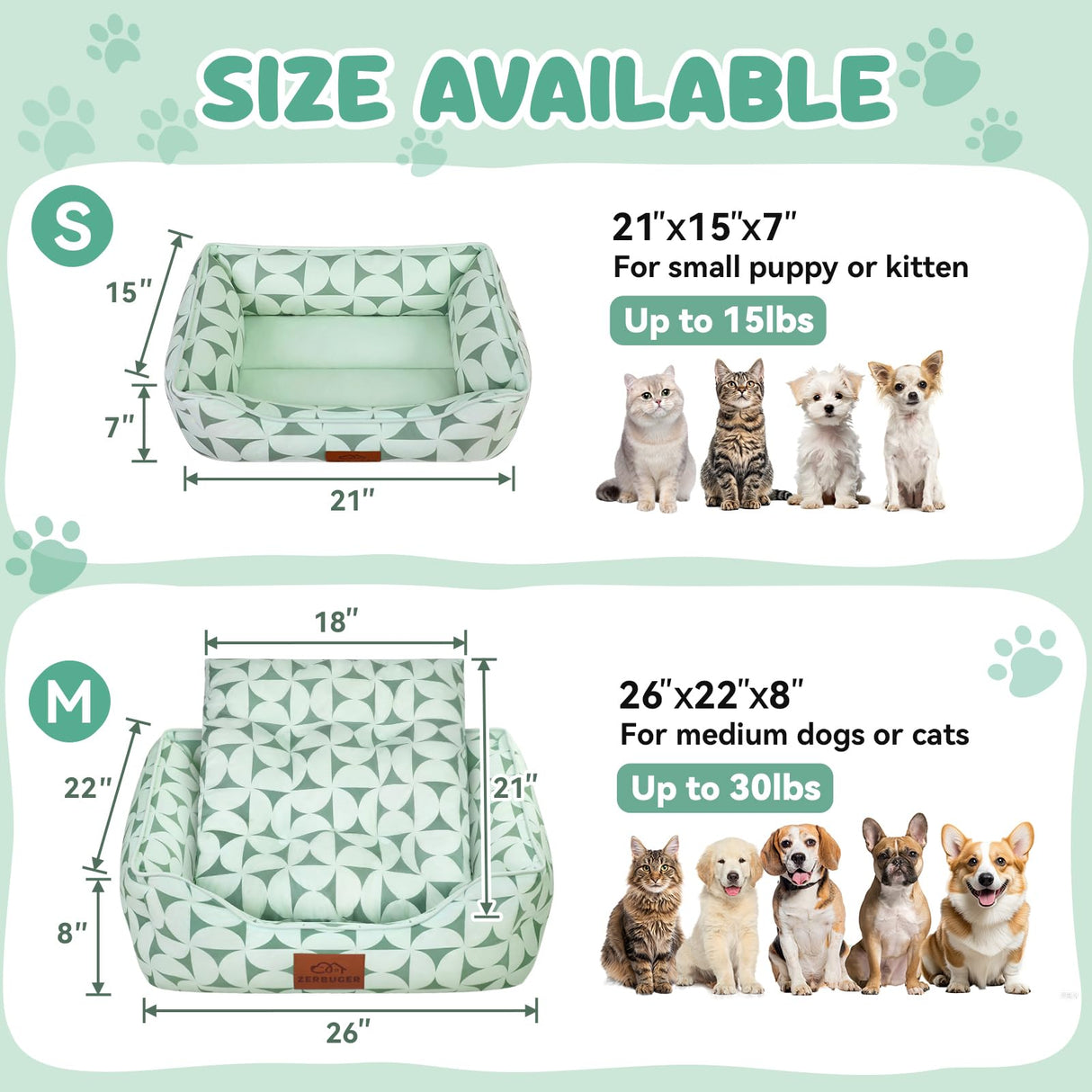Zerbuger Rectangle Cat Dog Bed for Large Medium Small Pets Indoor Outdoor Machine Washable Sleeping Sofa Non-Slip Bottom Soft Puppy Bed Durable Orthopedic Calming Pet Cuddler (Medium, Green Pattern)
