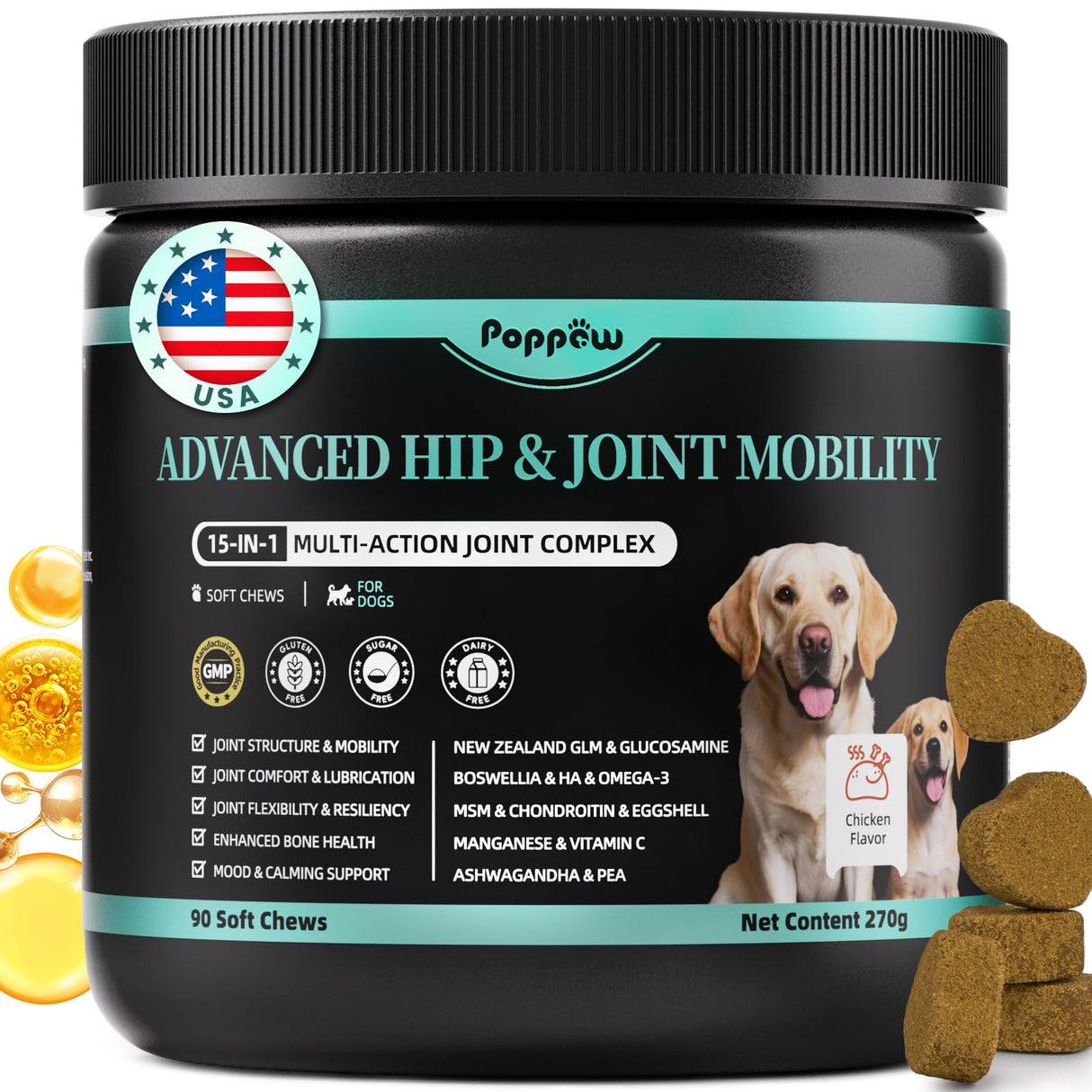 POPPAW Advanced Dog Joint Supplement – 15-in-1 Glucosamine for Dogs with Chondroitin, MSM & Green Lipped Mussel – Hip & Joint Pain Relief Mobility Chews, Chicken Flavor, 90Ct Breeds