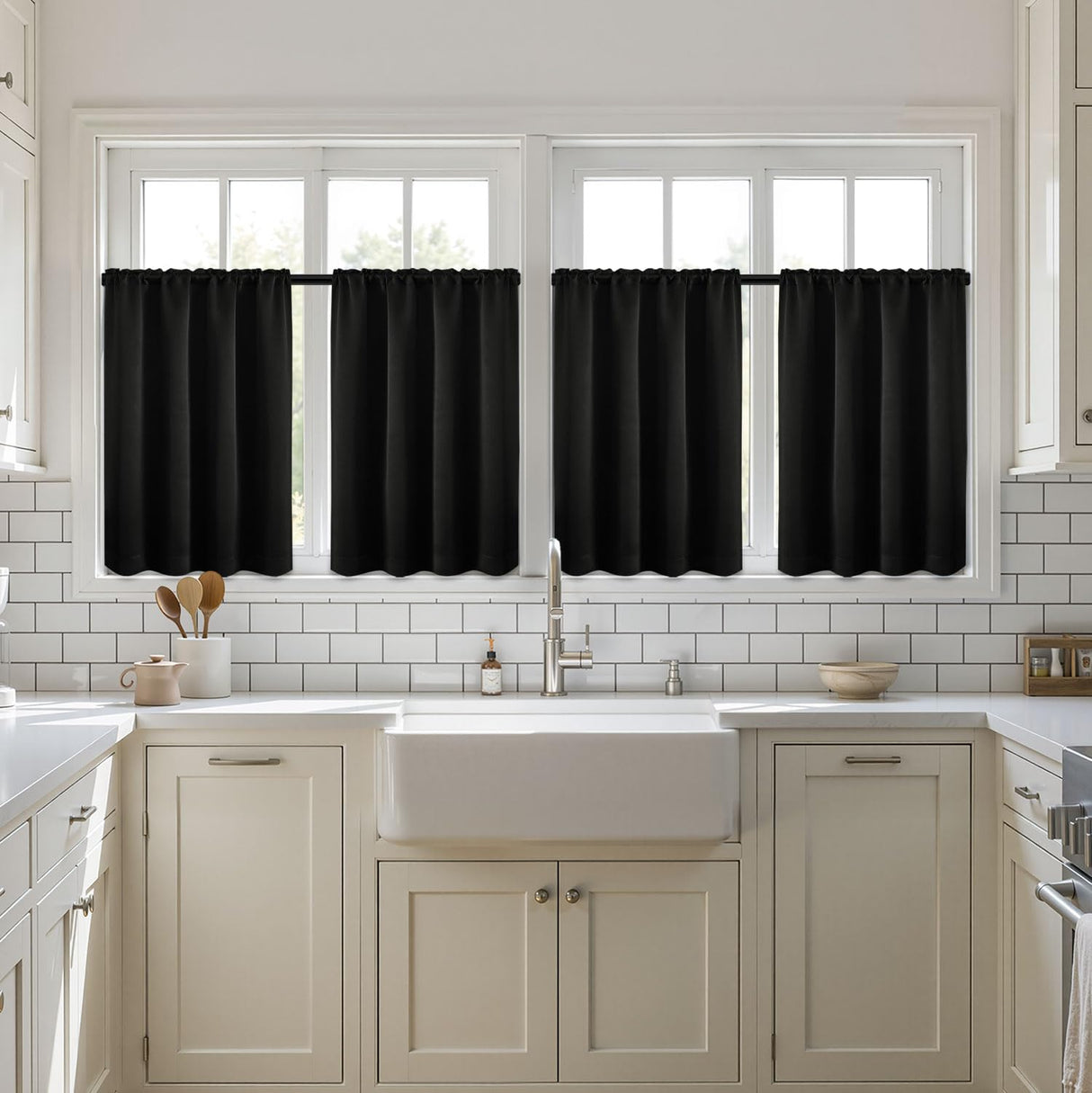 36 Inch Short Blackout Curtains Set of 4, Over Sink Kitchen Tier Curtain Thermal Insulated Privacy Drapes Mini Top & Bottom Rod Pocket Cafe Curtains for Small Windows Bathroom RV, Black