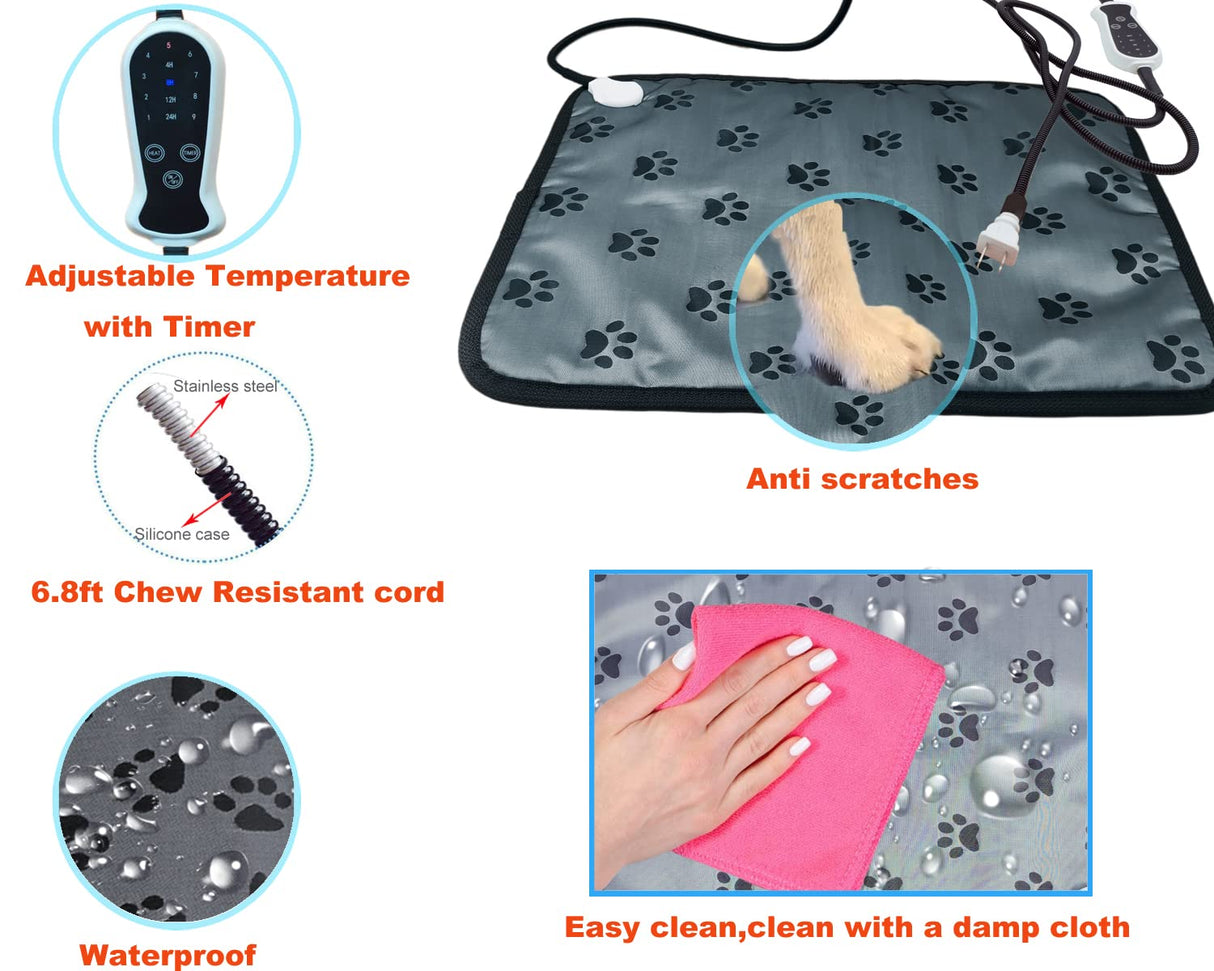 DEOMAN Pet Heating pad 34"x21" Large Dog cat Heating pad Heated ped beds Dogs House Heater Electric Warming pad for Puppies with Timer,Chew Resistant Cord,Easy Clean,Waterproof