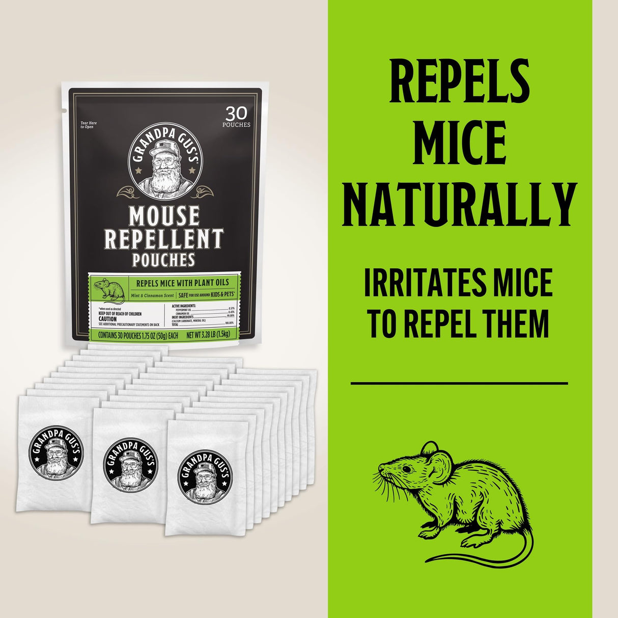 Grandpa Gus's Natural Mouse Repellent Pouches, Repel Mice from Nesting & Freshen Air in Home/Cabin/Boat/Car Storage/RV/Machinery/Shed, 1.75 Oz (30 Pouches)