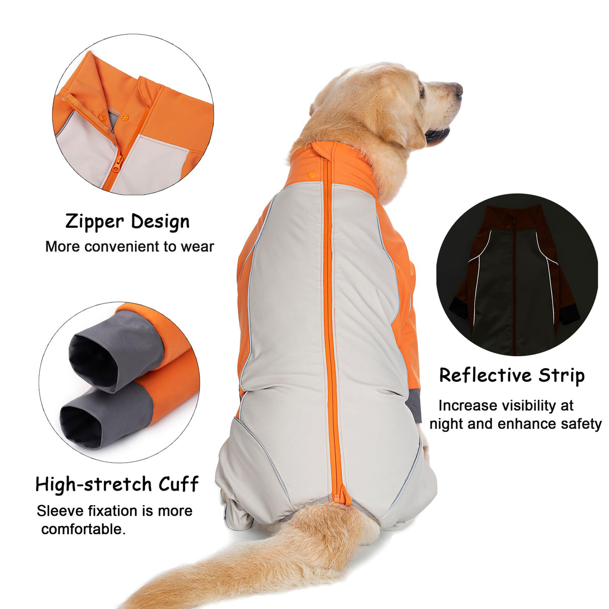 Dog Full Body Winter Coat, Waterproof Fleece Jacket for Small Medium Large Dogs Reflective Snowsuit with Zipper for Outdoor Skating (Orange, 3XL(Weight 33-53 lbs))