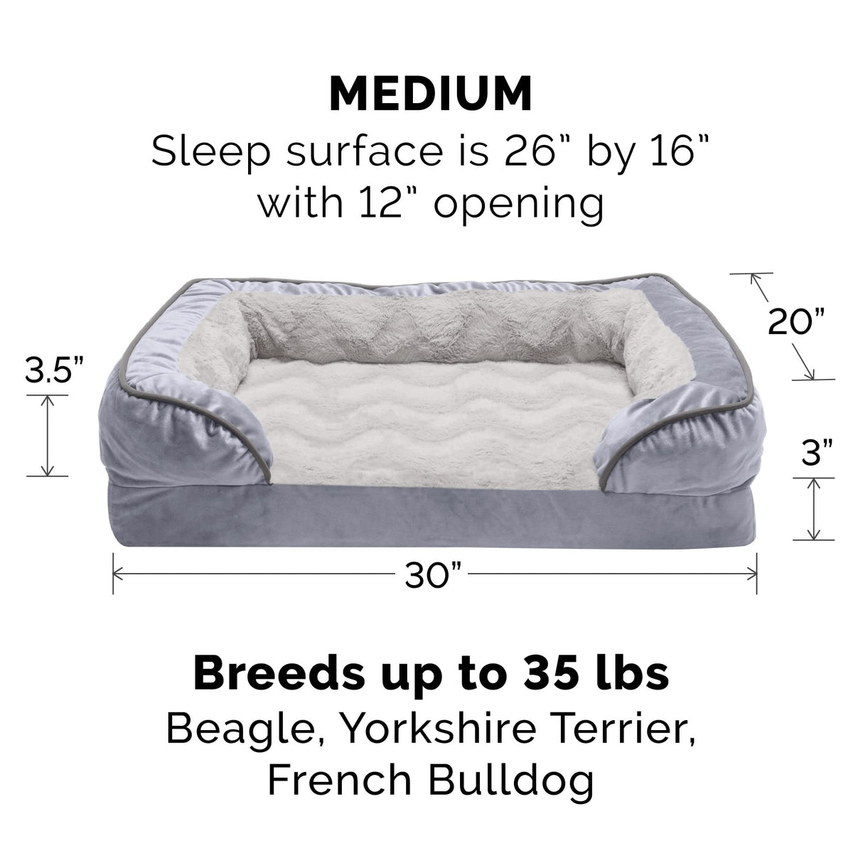 Furhaven Orthopedic Dog Bed for Medium/Small Dogs w/ Removable Bolsters & Washable Cover, For Dogs Up to 35 lbs - Plush & Velvet Waves Perfect Comfort Sofa - Granite Gray, Medium