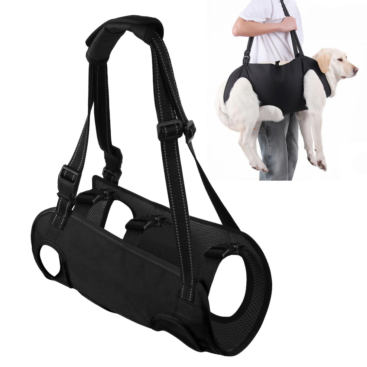 Dog Carry Sling Emergency Backpack, Adjustable Dog Lift Harness with Leg Support for Senior & Injured Dogs, Arthritis Rehabilitation Pet Carrier for Hiking, Travel & Rescue β Black (Black, Large)
