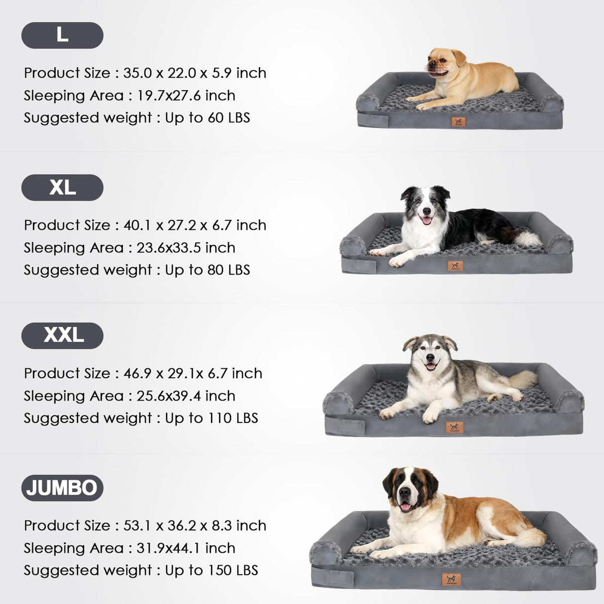PAWPUBBY Orthopedic Dog Bed - Breathable Egg-Crate Foam Sofa Couch with Bolster, Water-Resistant Liner & Washable Rose Velvet - Ideal for Corgis, French Bulldogs, Dark Gray, L (35'' x 22'')