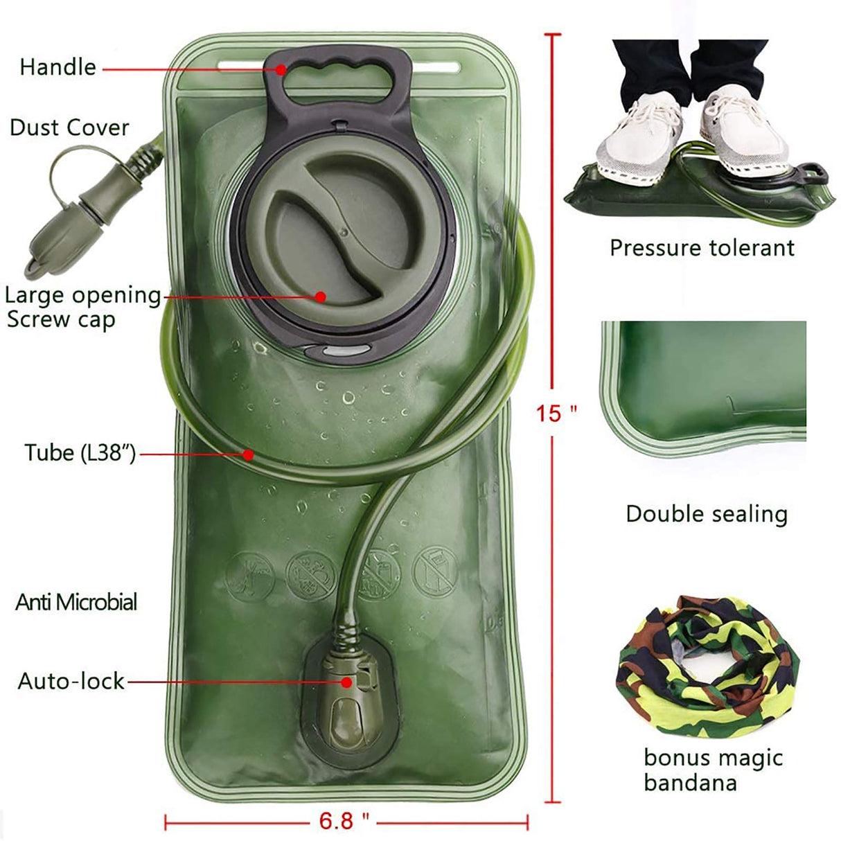 Hydration Bladder, 2L Water Bladder for Hiking Backpack, BPA-Free Leak Proof Water Reservoir Storage Bag, Hydration Pack Replacement for Camping Cycling Running, Military Green