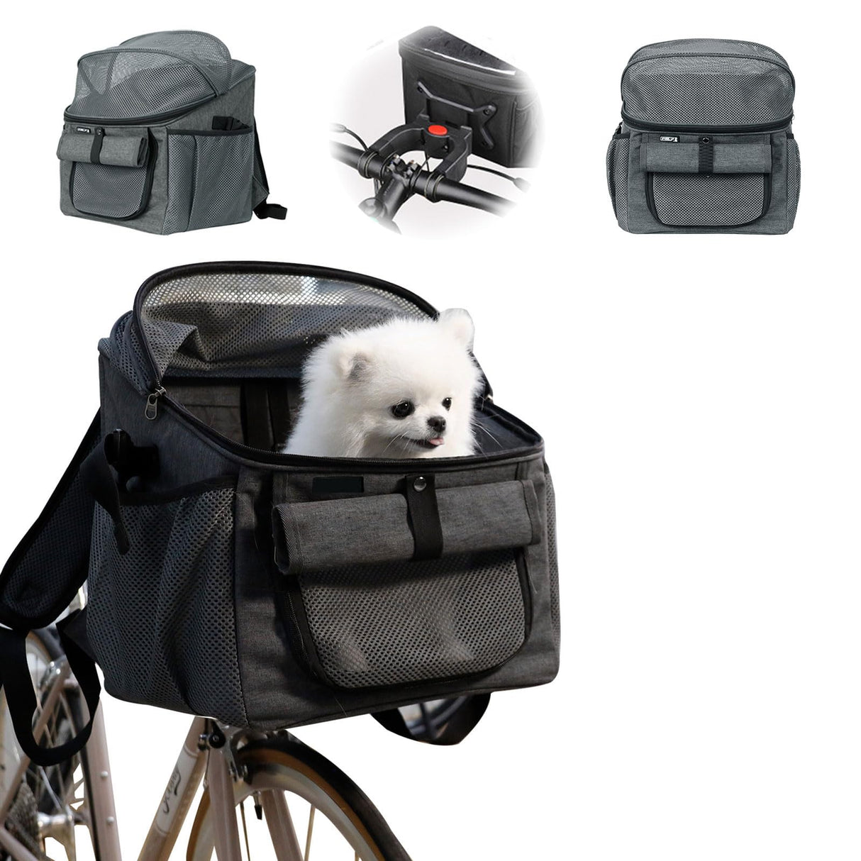 Dog Bike Basket, Soft-Sided Dog Bike Carrier Backpack, Cat Bicycle Basket, Multifunctional Pet Bike Basket Detachable Adjustable Single Shoulder Strap, Foldable Pet Travel Bag for Small Cats and Dogs