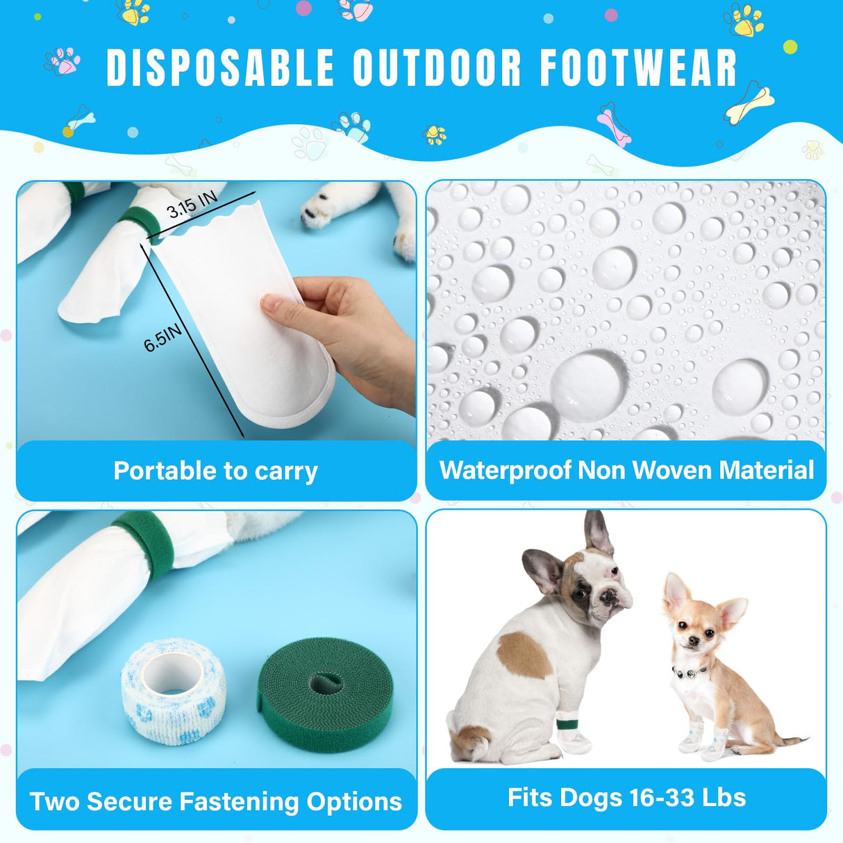 Sunnymove 100 Pcs Disposable Dog Paw Protector Adjustable Pet Boots Dog Feet Covers for Paw Protection with Self Adhesive Bandage for Small Medium Large Dogs Indoor Outdoor Walking Foot Muffs