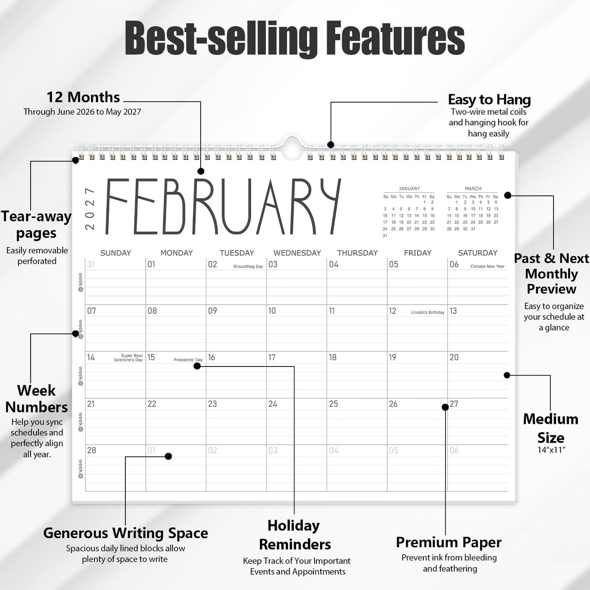 Wall Calendar 2026, 2026-2027 Calendar Wall from Jun. 2026 to May 2027, 14" X 11" Paper Monthly Planner Wall Hanging Calendar with Thick Paper for Office Home Planning & Organizing