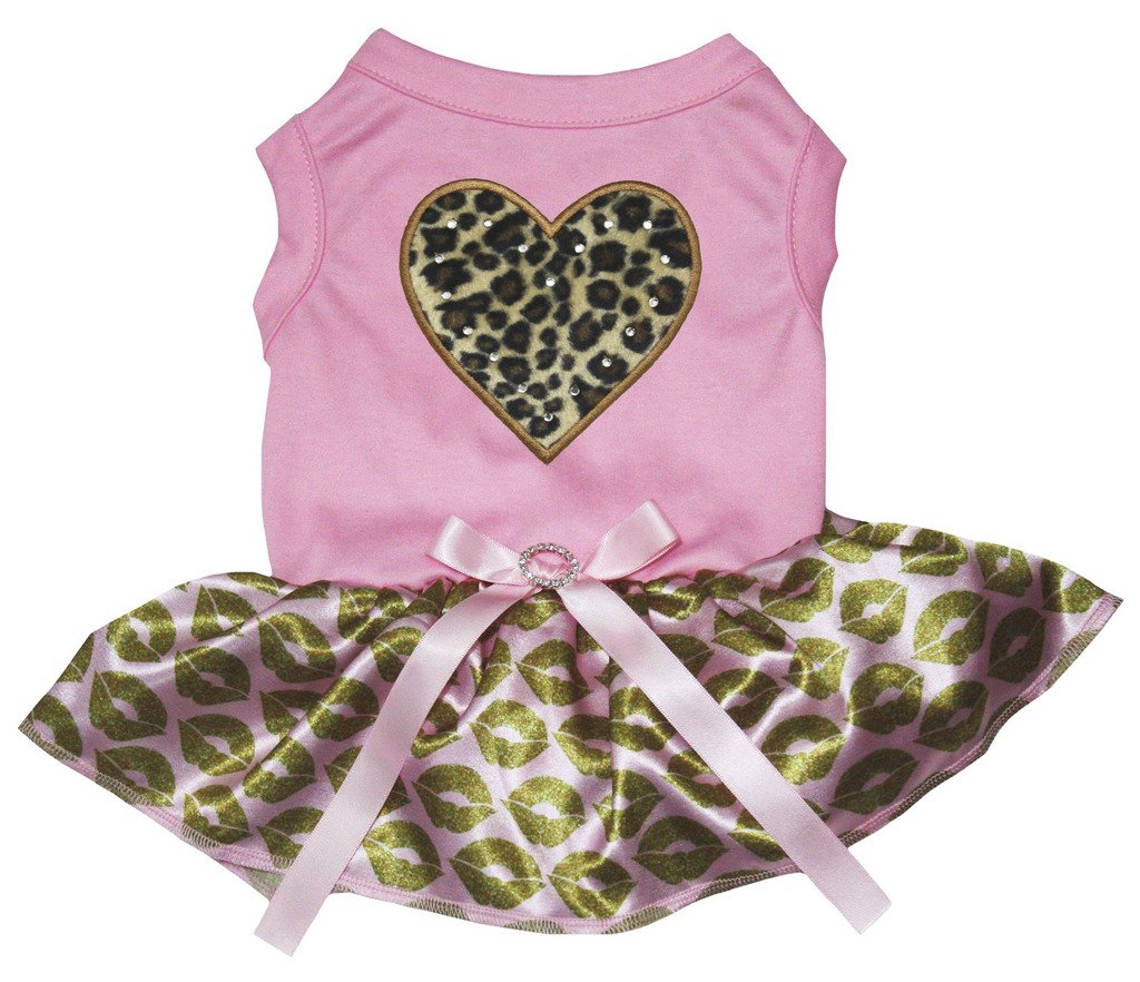 Petitebella Leopard Heart Puppy Dog Dress (Pink/Gold Lips, Large)
