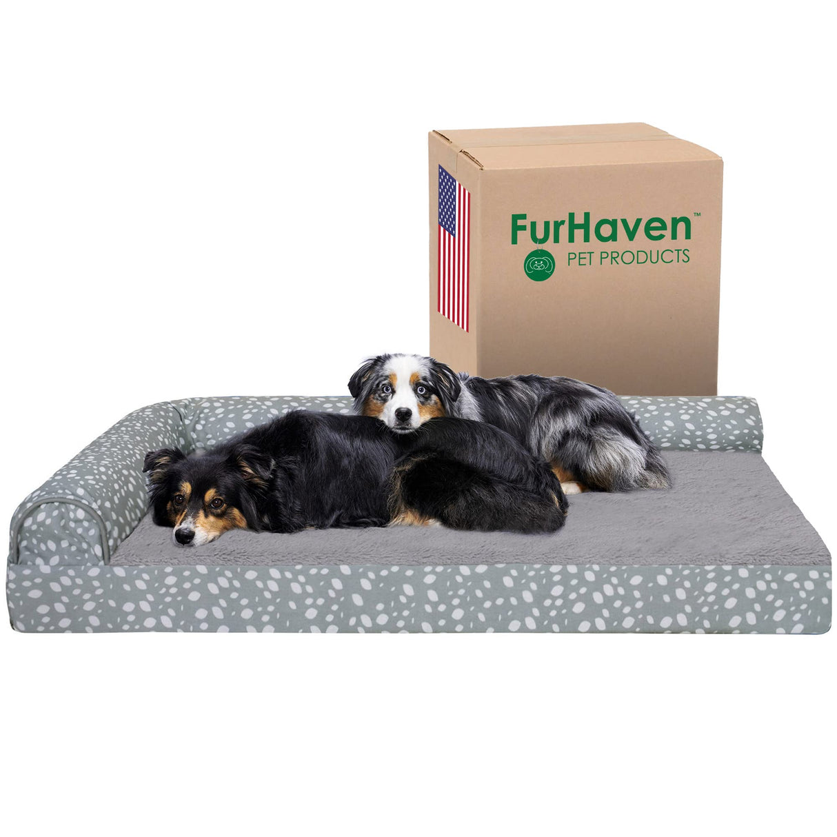 Furhaven Cooling Gel Dog Bed for Large Dogs w/ Removable Bolsters & Washable Cover, For Dogs Up to 125 lbs - Plush & Almond Print L Shaped Chaise - Gray Almonds, Jumbo Plus/XXL