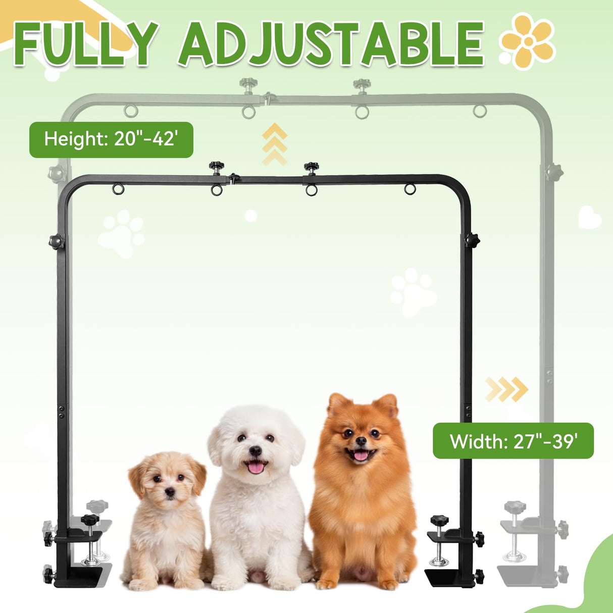 Adjustable Dog Grooming Stand for Table: 42" Height & 27"-39" Width, Includes Hammock & 2 No-Sit Nooses, Heavy-Duty Dog Grooming Arm for Bathing Nail Trimming Drying Cutting Cats & Dogs at Home