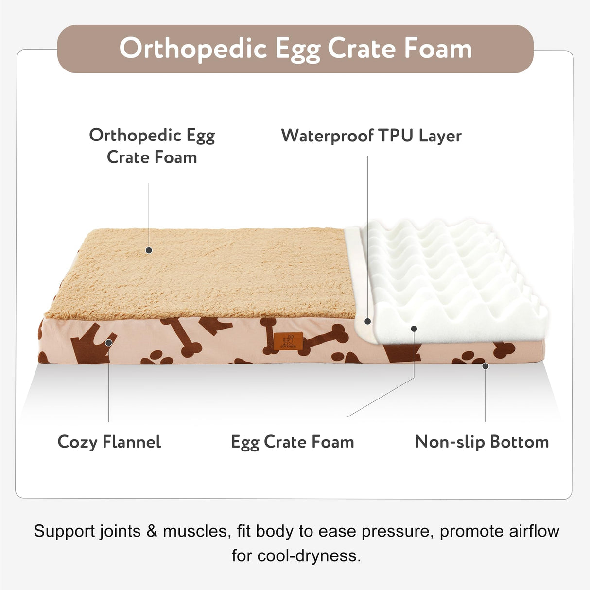 CAPT.SNOOZE Waterproof Orthopedic Dog Bed for Large Medium Sized Dogs 35x22 Inch - Egg Crate Foam Pet Crate Bed with Removable Washable Cover, Plush Top Anti-Slip Bed Mat, Beige