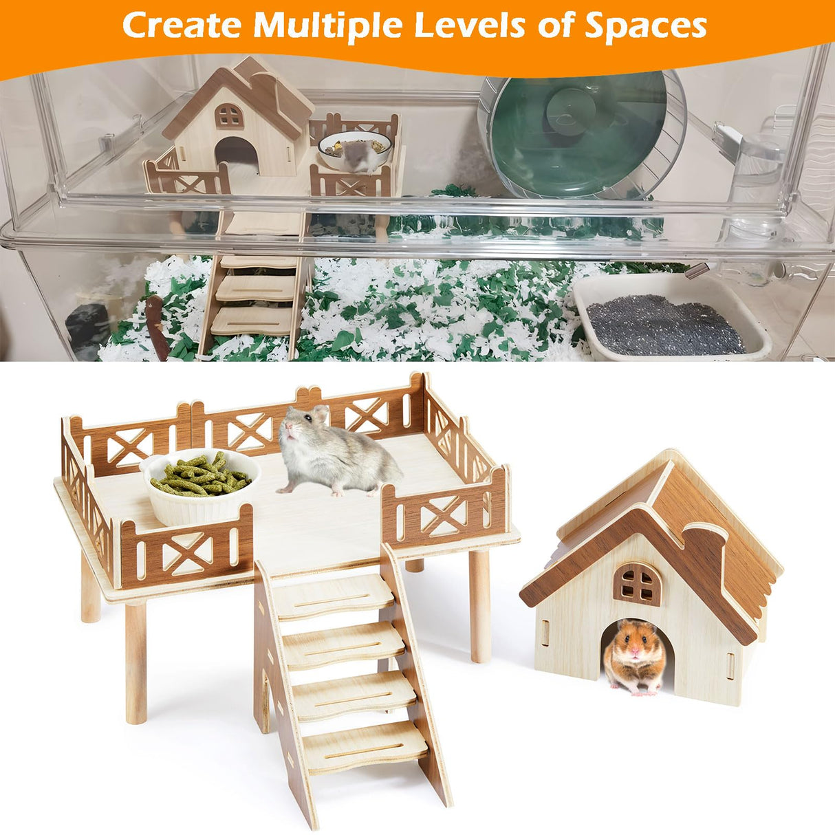 Wooden Hamster Platform and Dwarf Hamster House, Hamster Cage Platform With Climbing Ladder, Cute Syrian Hamster Hideout, Hamster Cage Accessories Platform for Putting Food Bowl, Hamster Gerbil Castle