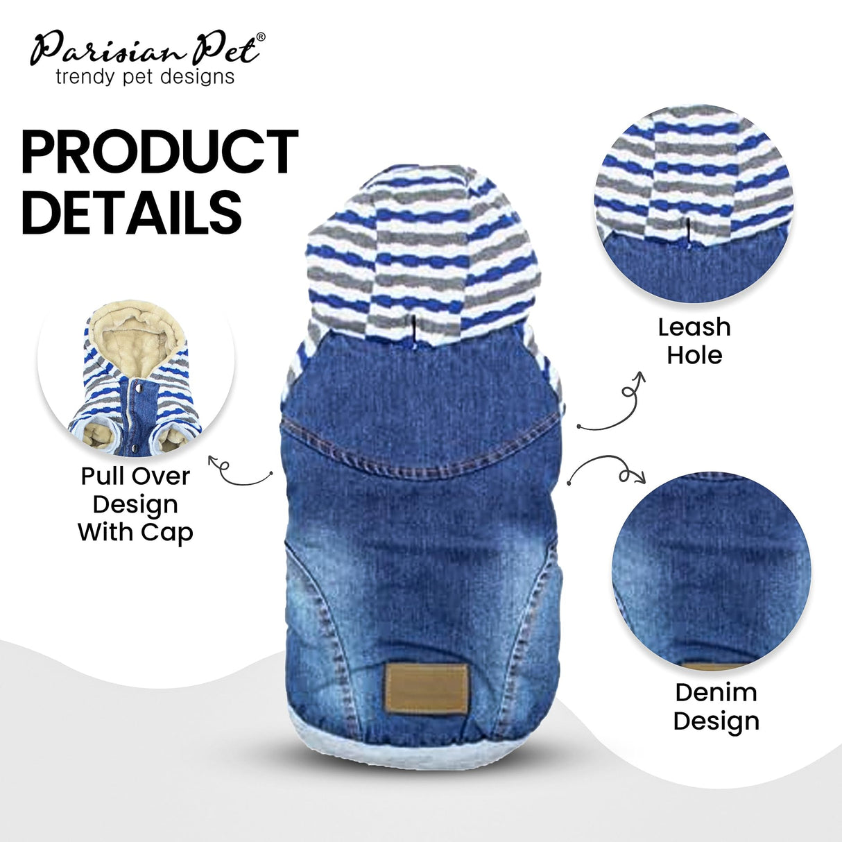 Parisian Pet Basic Dog Hoodie - Lightweight Denim Striped Sweatshirt with Leash Hole and Pockets - Blue Cotton Clothes for Medium Dogs - M