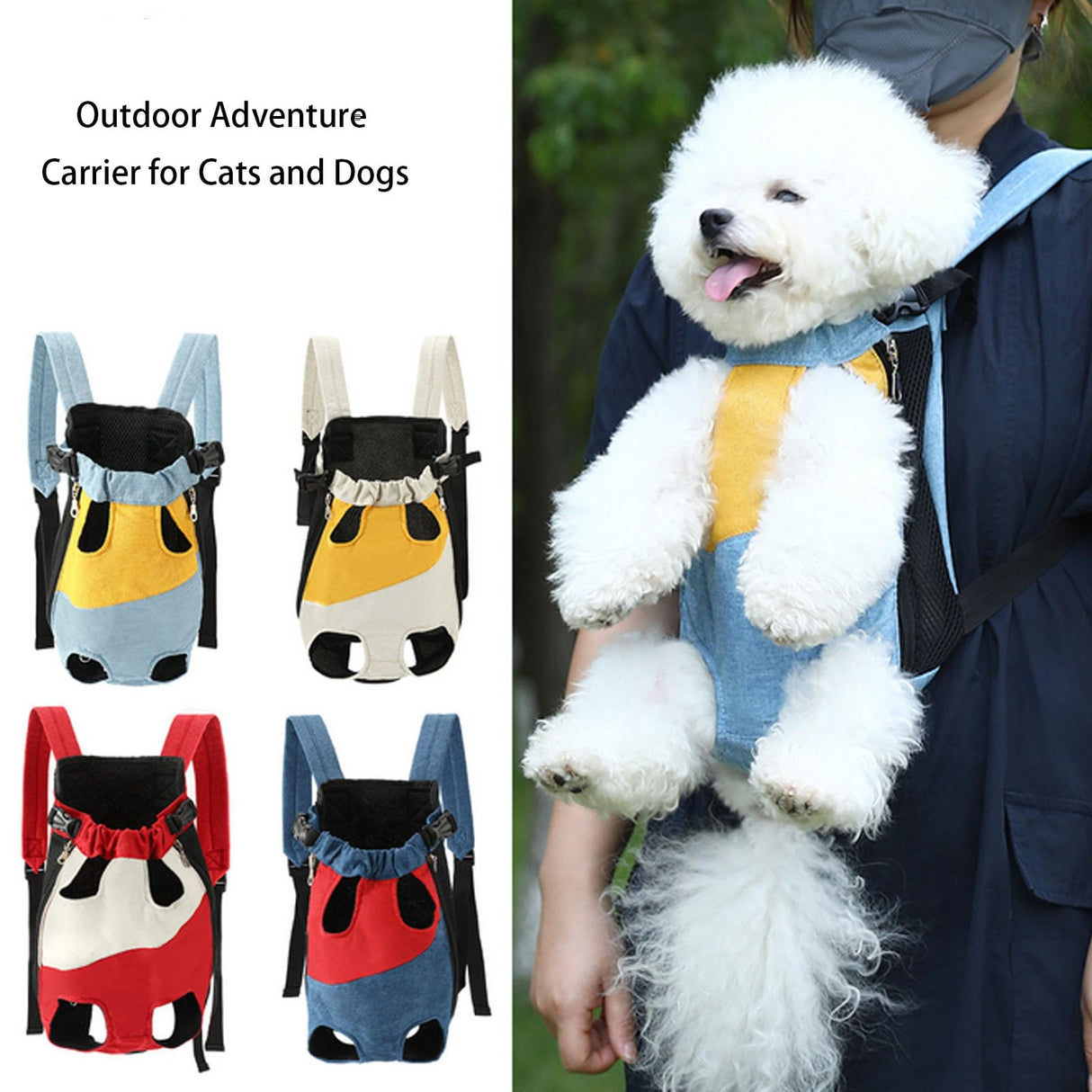 Lightweight Pet Backpack Carrier for Small Dogs & Cats - Easy-Fit Adjustable Straps, Basic Legs-Out Design, Durable for Daily Use (Fits Pets Under 15lb) (Yellow-Blue Color-Blocked, Large)