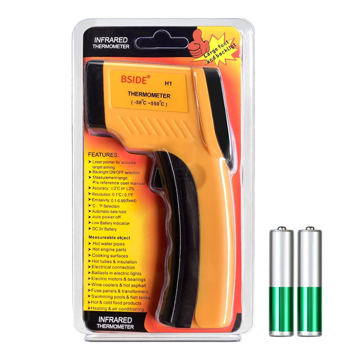 BSIDE Infrared Thermometer Non-Contact Digital Laser Temperature Gun Adjustable Emissivity -58℉-1022℉ (-50℃-550℃) for Cooking Grill Food Kitchen Automotive and Industrial