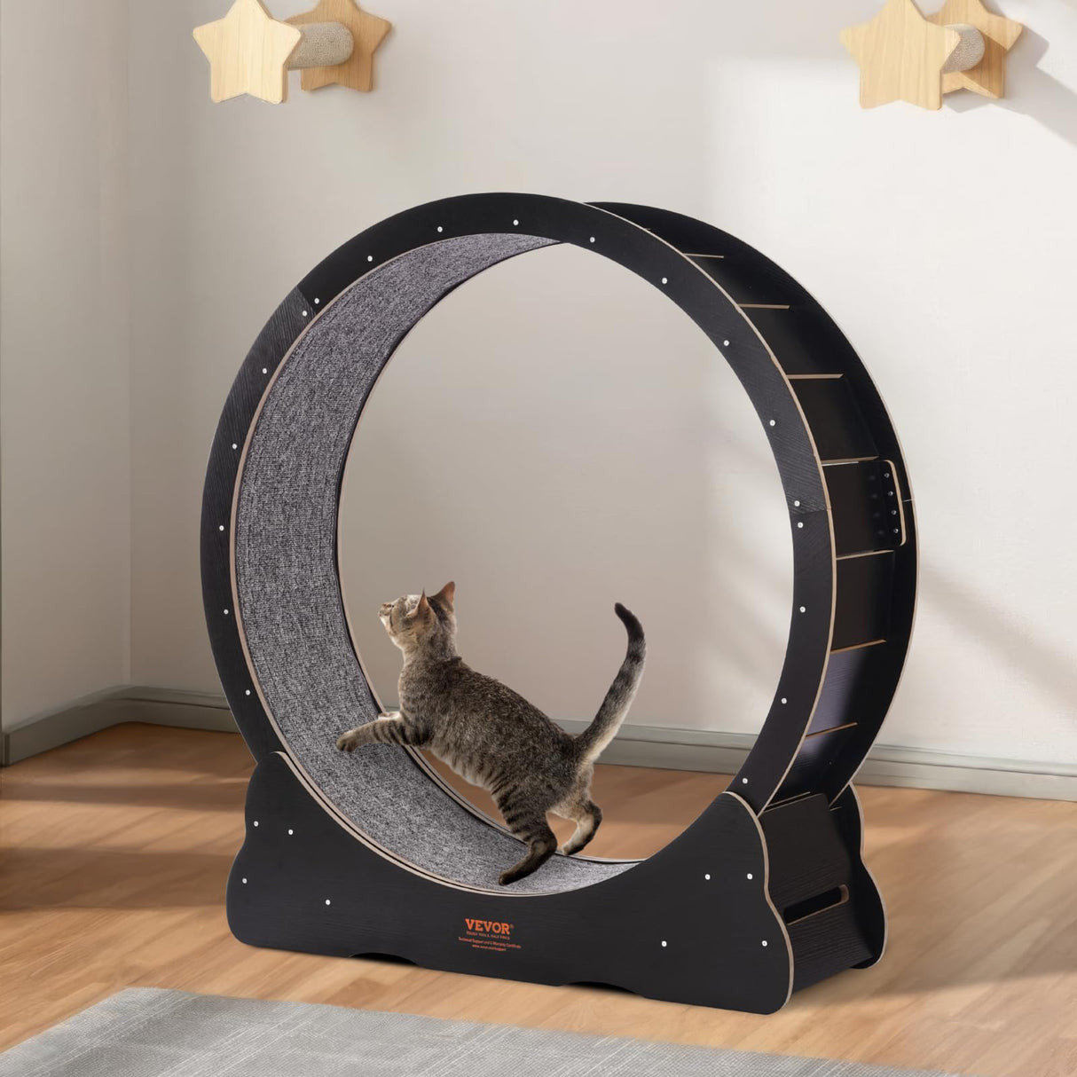 VEVOR Cat Exercise Wheel, 43.3" Large Cat Treadmill for Indoor Pets, Running Wheel with Detachable Carpet & Cats Teaser Toy for Running/Walking/Training, Suitable for Most Cats Black