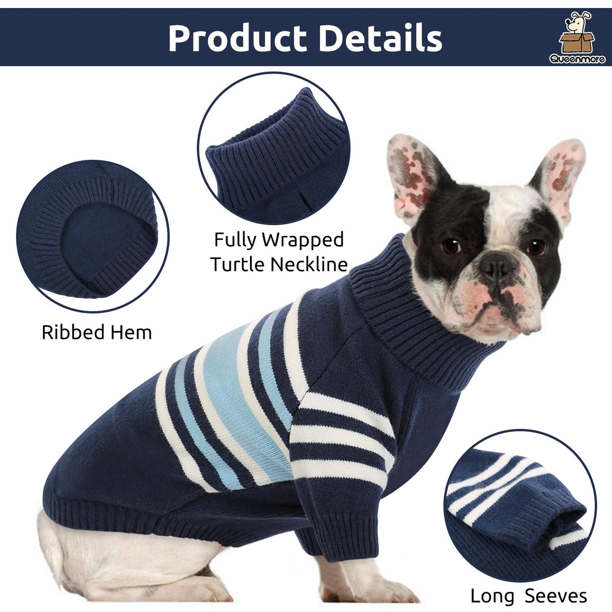 Queenmore Dog Striped Knitted Sweater, Turtleneck Pullover Pet Coat, Dog Winter Clothes with Leash Hole for Small Medium &Large Dogs(Navy Blue,S)