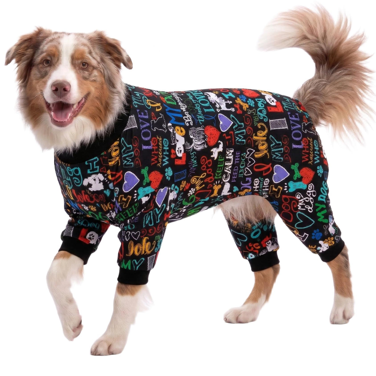 LovinPet Large Dog Pajamas, Wound Care/Post Surgery Shirt, UV Protection, Love My Dog Text on Black Print, UV Protection, Pet Anxiety Relief, Large Dog Onesies, Pet PJ's /3XL