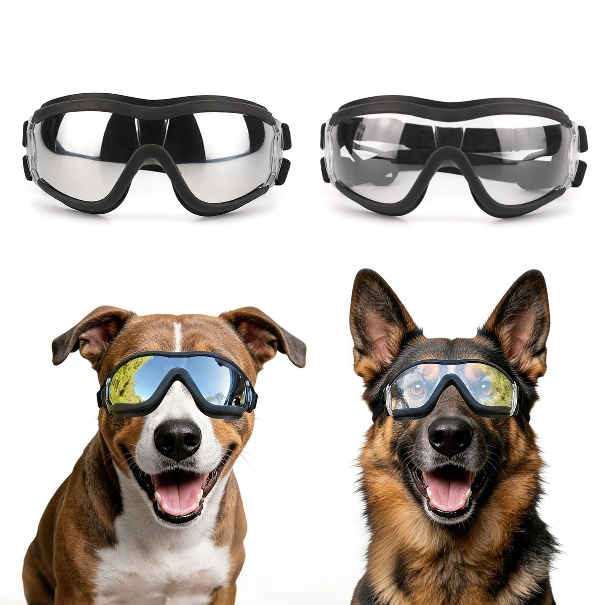 PETLESO Dog Goggles Sunglasses for Large Breeds - 2PCS Black & Clear UV Protection Set, Windproof Eye Wear for Medium to Large Dogs, Ideal for Riding/Driving/Hiking