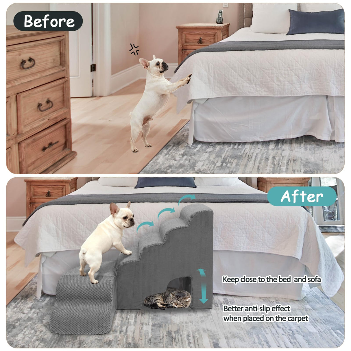 LitaiL 27.5 inches Foam Pet Steps for High Beds, Steps for Dogs to Get on Bed, L Shape Pet Ramps for Bedside, 6 Tiers Stairs for Dogs to Get on Beds for Small Medium Large Dog