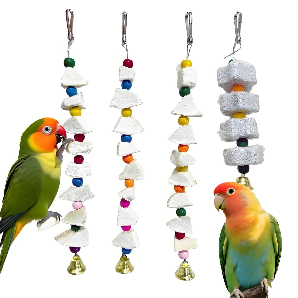 Parrot Toys 4-Pack with Cuttlebone for Birds - Calcium Chew Toys & Grinding Stone for Parakeets, Budgies, Cockatiels, Lovebirds - Promotes Beak Health, Prevents Destructive Chewing, Easy to Install
