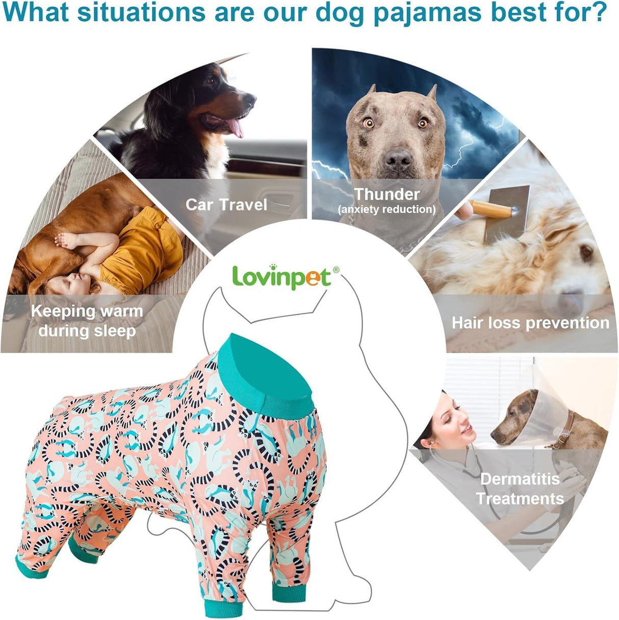 LovinPet Pitbull Dog Pjs for Large Dogs, Pet Anxiety Relief Pajamas, Sun Protection Dog Shirt Comfy Stretchy Fabric, Pastel Lemur Print, Pajamas for Pitbulls, Pitbull Party Clothes,3XL
