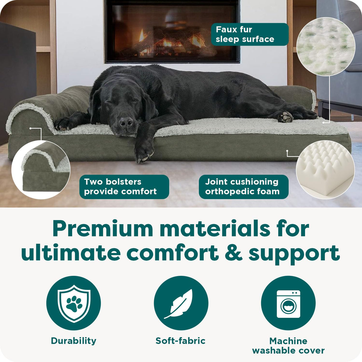 FurHaven Orthopedic Dog Bed for Large Dogs, L-Shaped Chaise Mattress with Orthopedic Egg Crate & Solid Orthopedic Foam Base for Joint Support, Washable Cover, Jumbo XL, Faux Fur & Suede, Dark Sage