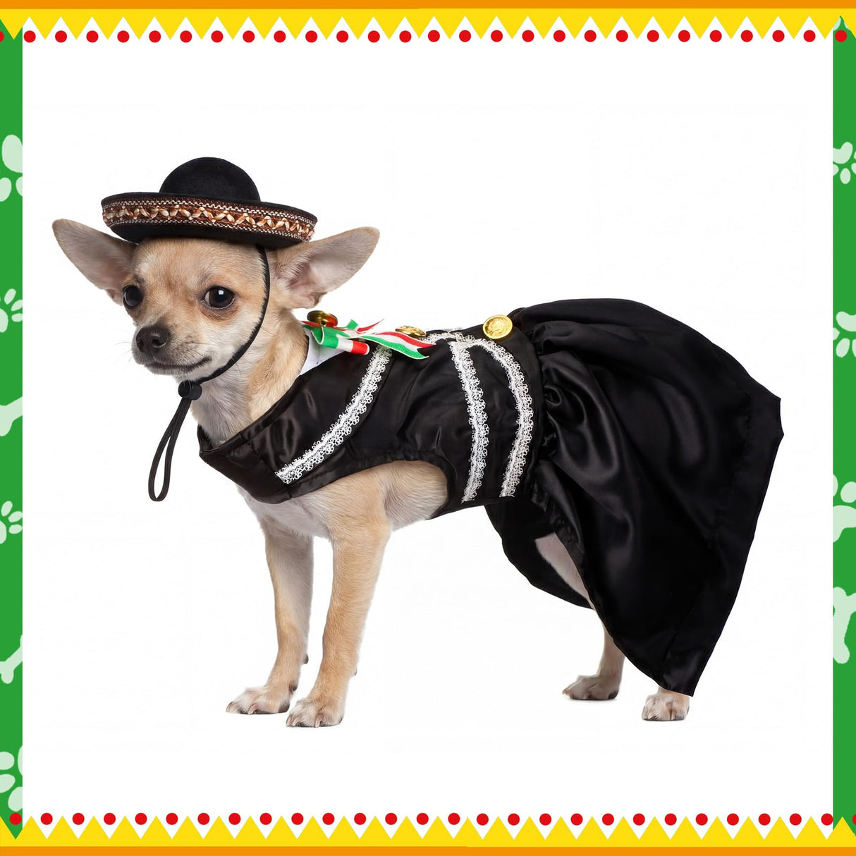 Bulyoou Mariachi Mexican Costume for Dog Mexican Dog Dress and Sombrero for Chihuahua Puppy Cat Cinco De Mayo Mexico Independence Day Themed Party Pet Outfits(S,Style2,Black)