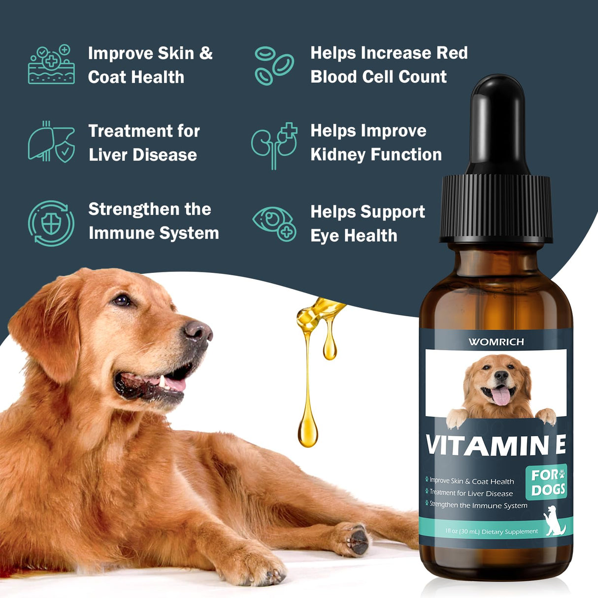 Vitamin E for Dogs - Dog Vitamins E - Vitamin E Dropper for Dogs, Improve Skin & Coat Health, Treatment for Liver Disease, Strengthen Immune System - Natural Formula for All Ages, and Breeds - 30 ML