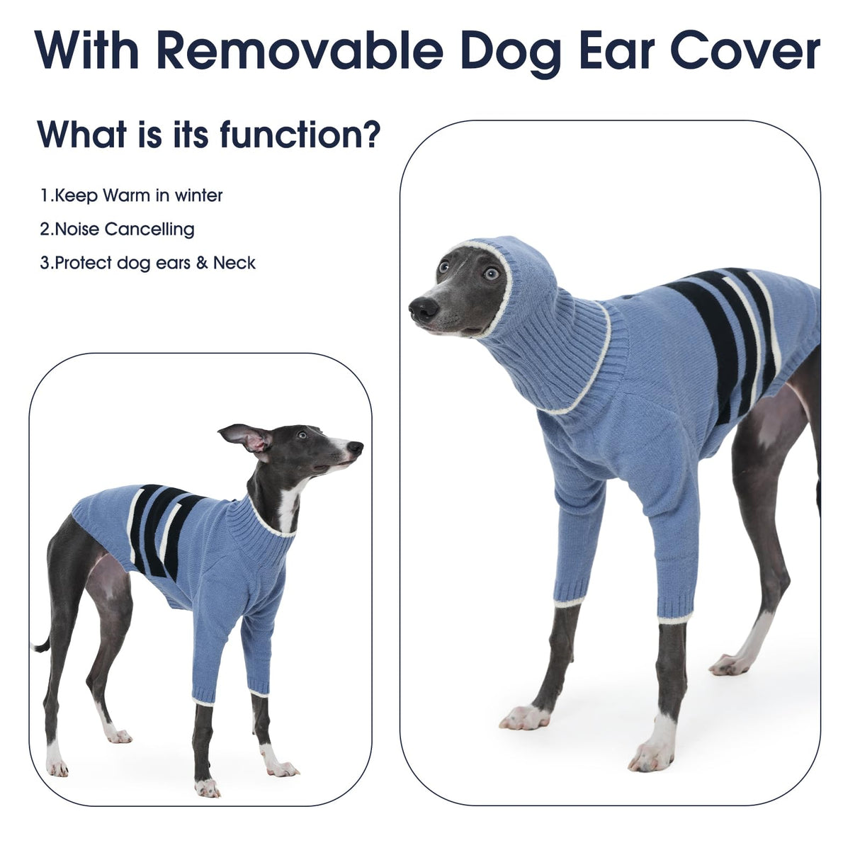 IECOii Warm Italian Greyhound Sweater, Whippet Clothes with Detachable Hood Turtleneck Sighthound Sweaters for Medium Dogs, Cozy & Stretchy Pullover Knitwear for Fall and Winter, Large- Blue