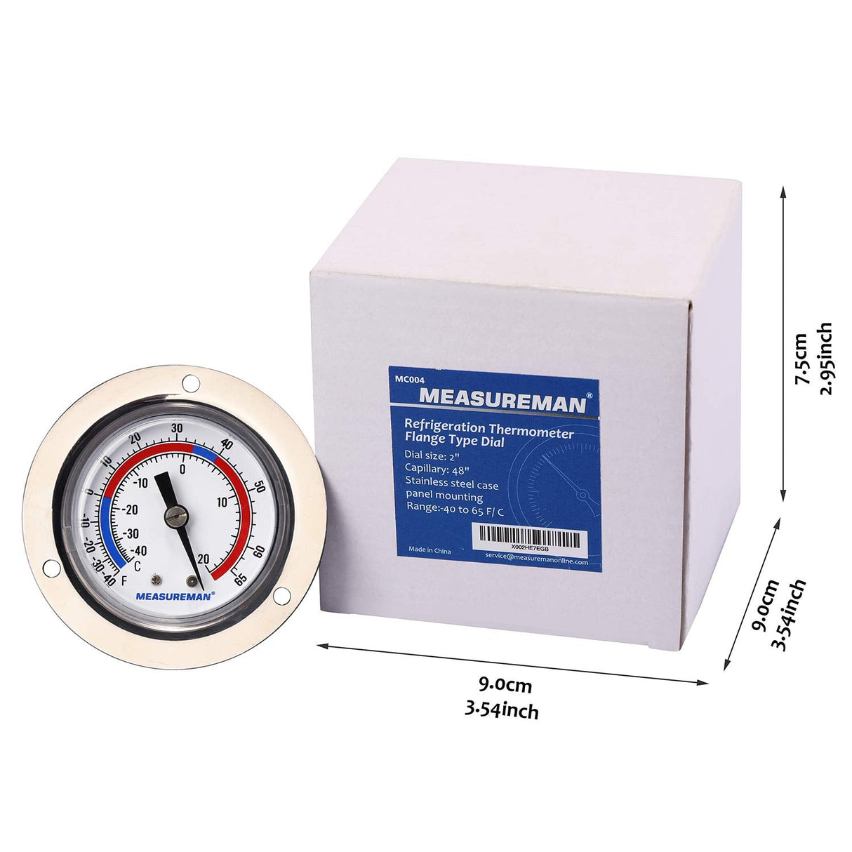 MEASUREMAN Vapor Capillary Flanged Panel Mount Refrigeration Thermometer, 2" Dial, 48" Capillary, -40-65 deg F/-40-20 deg C, Re-Calibration Available