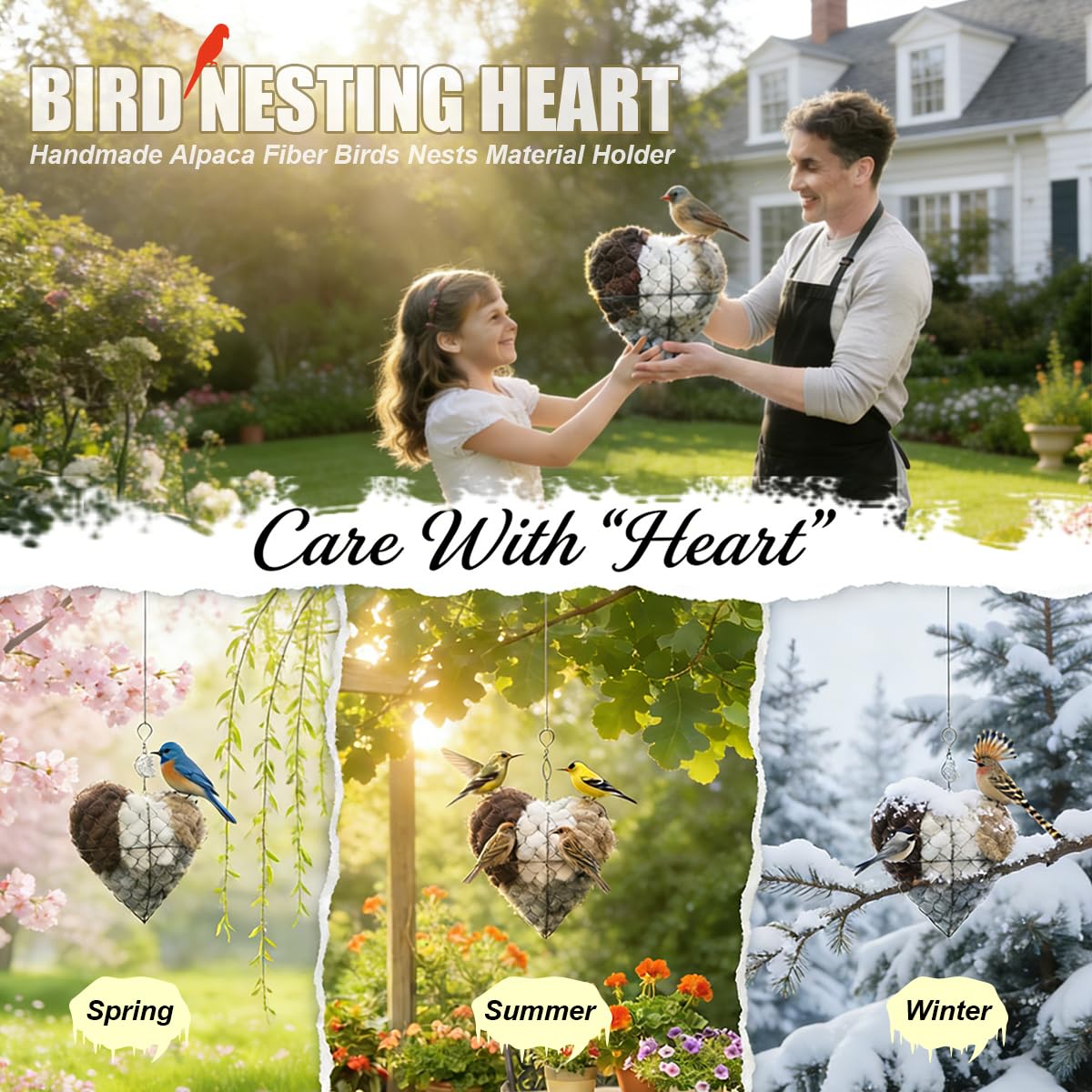 Handmade Alpaca Fiber Bird Nesting Heart(1PC) -2026 Outdoor Bird Nest Material Holder & Winter Tree Shelter, Hummingbird House & Garden Art Decoration, for Bird Lovers
