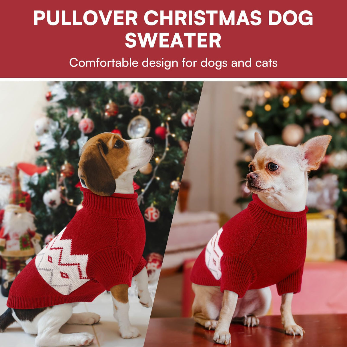 Queenmore Warm Dog Sweater, Soft Pet Knitwear, Knitted Pullover, Winter Pet Clothes for Small Medium Dogs Cats Red