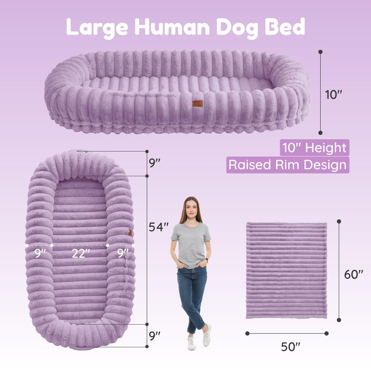ChiXnuggle Human Dog Bed for Adult - Luxury Striped Faux Fur Giant Dog Bed with Portable Handle, Egg Orthopedic Foam Pad with Thick Blanket, 72"x40"x10", Purple