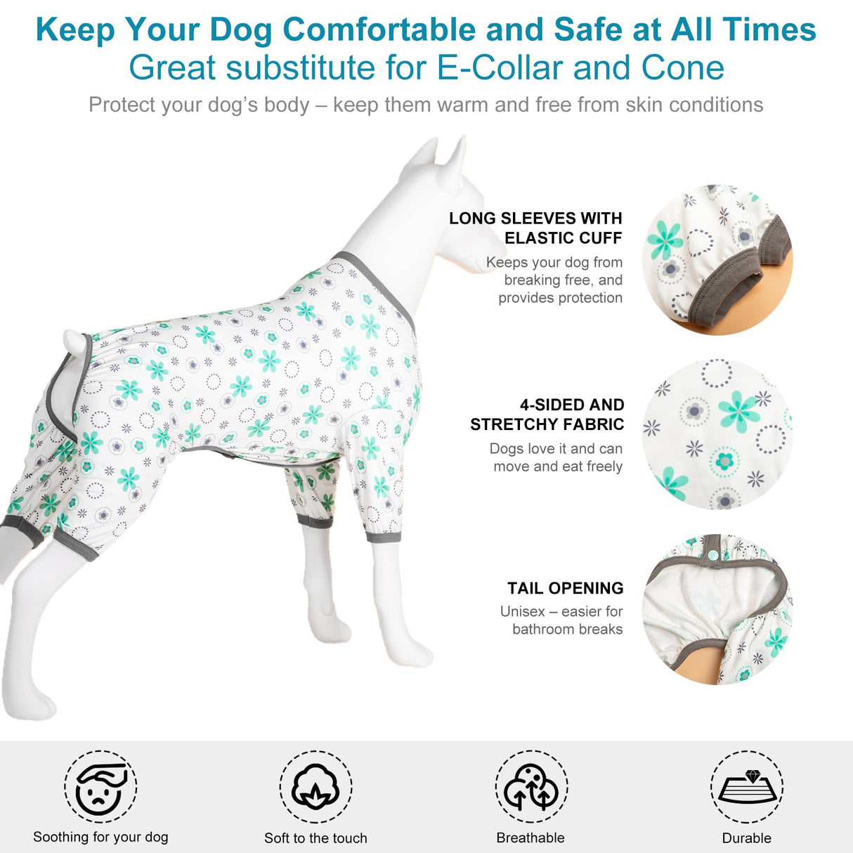 LovinPet Dog Pajamas for Large Dogs Boy,Pet Anxiety Relief PJ's,Uv Protection Pet Tshirt,Dog Comfy Stretchy Fabric,Mint Floral Print, Pullover Pitbull Clothes for All Seasons,Medium