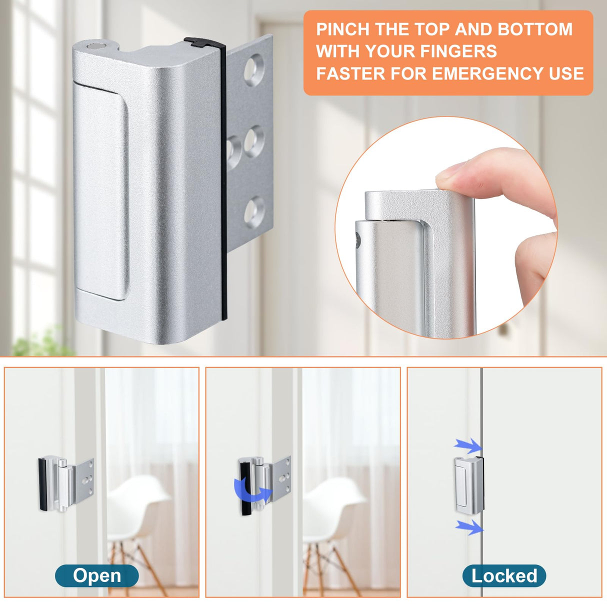 Husfunov 2 Pack Home Security Door Lock,Childproof Door Reinforcement Lock,with 3" Stop Withstand 800 lbs,for Inward Swing Doors,Night Kids Safety Metal Flip Lock Deadbolt Latch (Silver)
