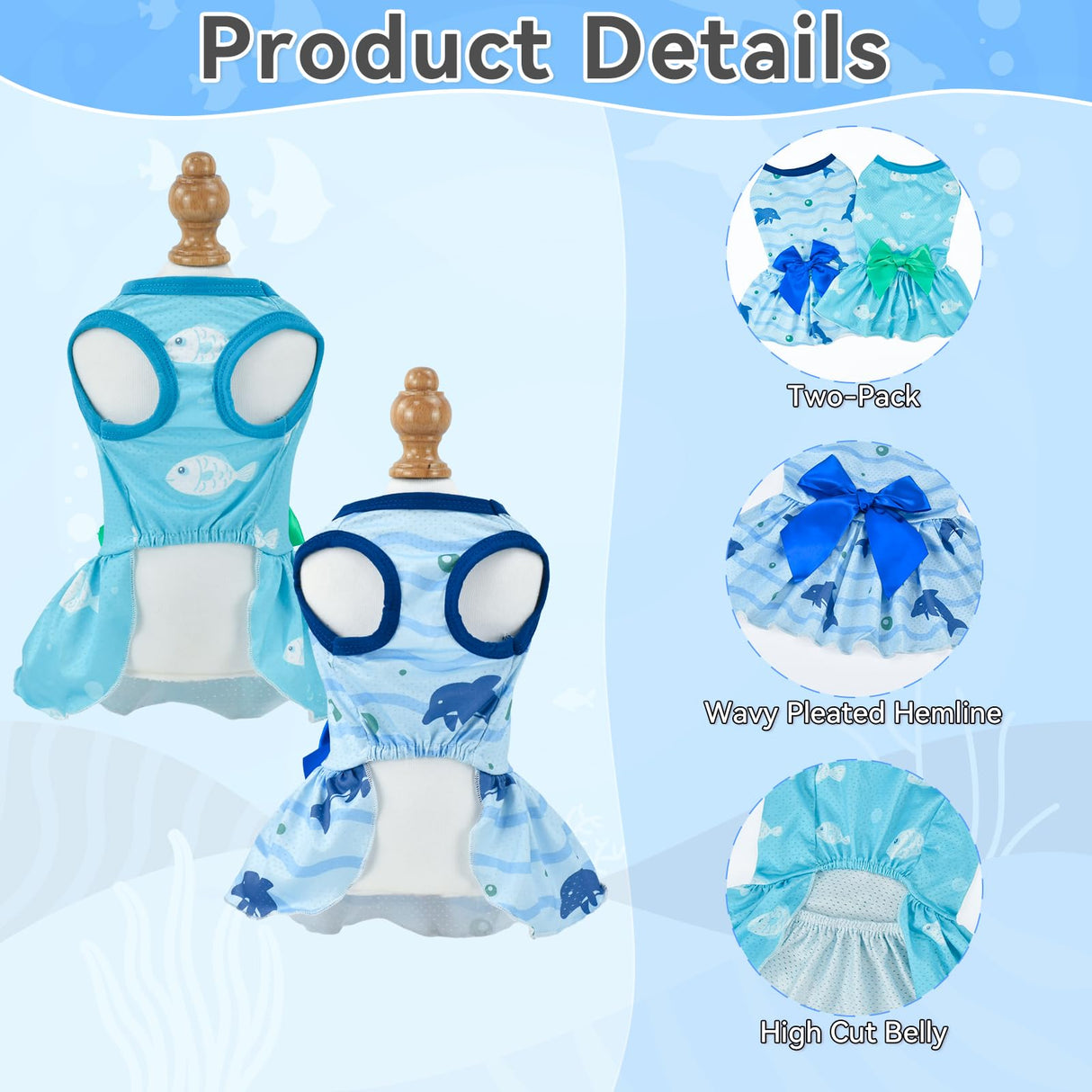 Vehomy 2-Pack Dog Summer Dress Breathable Puppy Cat Dresses with Bowknot Pet Summer Cool Outfits Skirts with Sea Fish Dolphin Patterns for Small Medium Dogs L