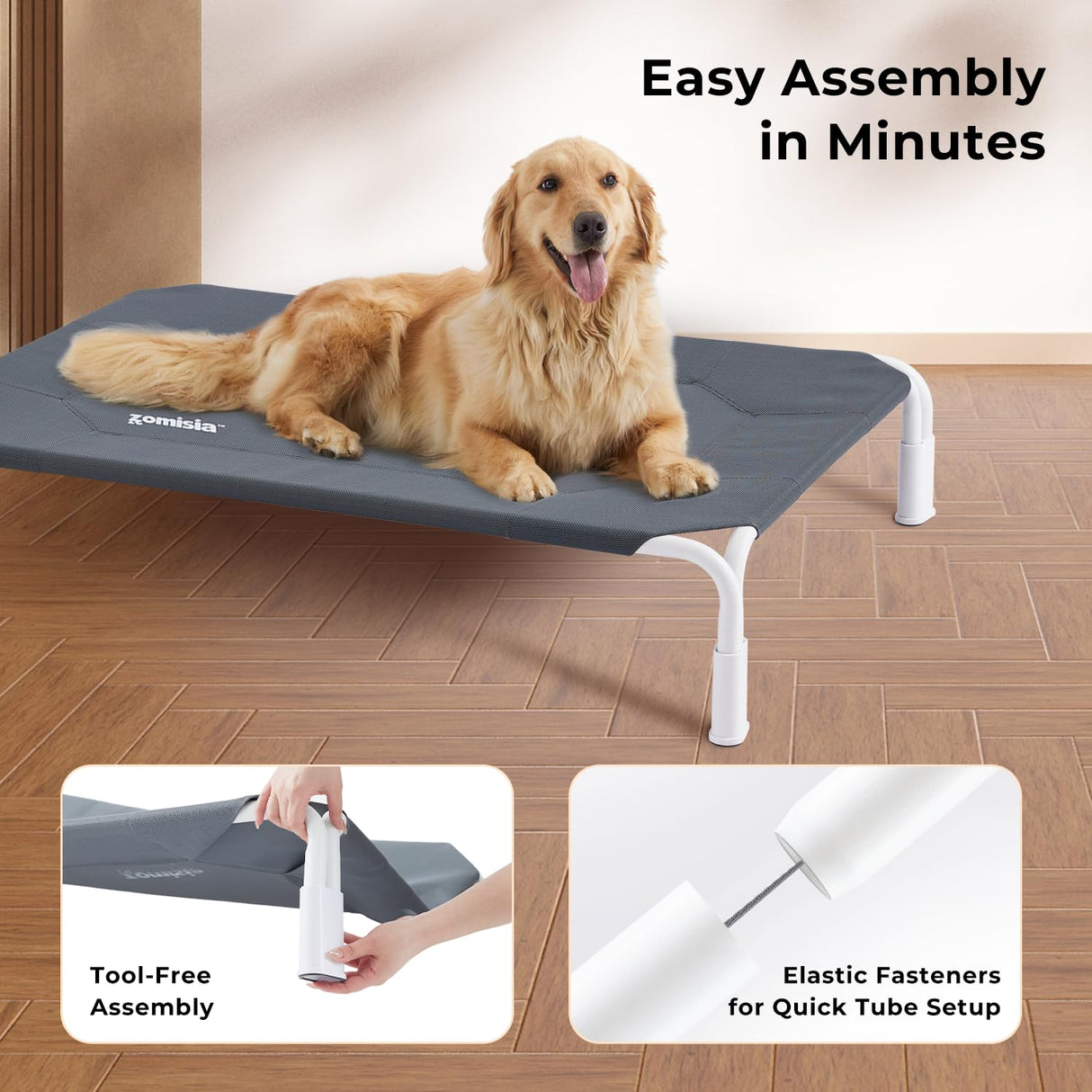 ZOMISIA Elevated Dog Cot Bed Tool-Free Assembly - Outdoor Raised Dog Cooling Bed Frame for Large Pets, Summer Pet Hammock Off Ground with Non-Slip Feet & Waterproof Teslin Mesh, 43x30 Inch